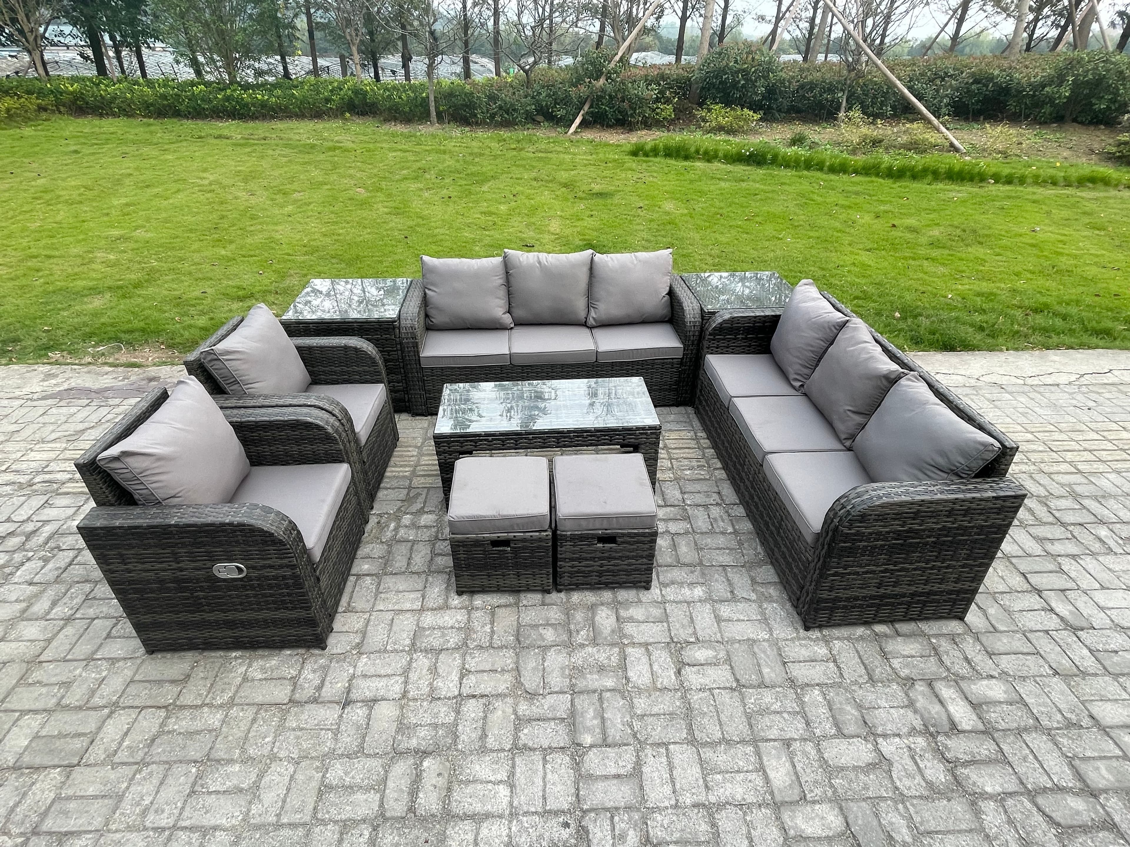 Wicker PE Rattan Sofa Set 10 Seater Outdoor Patio Garden Furniture Set 2 Reclining Chairs Coffee Table 2 Side Tables