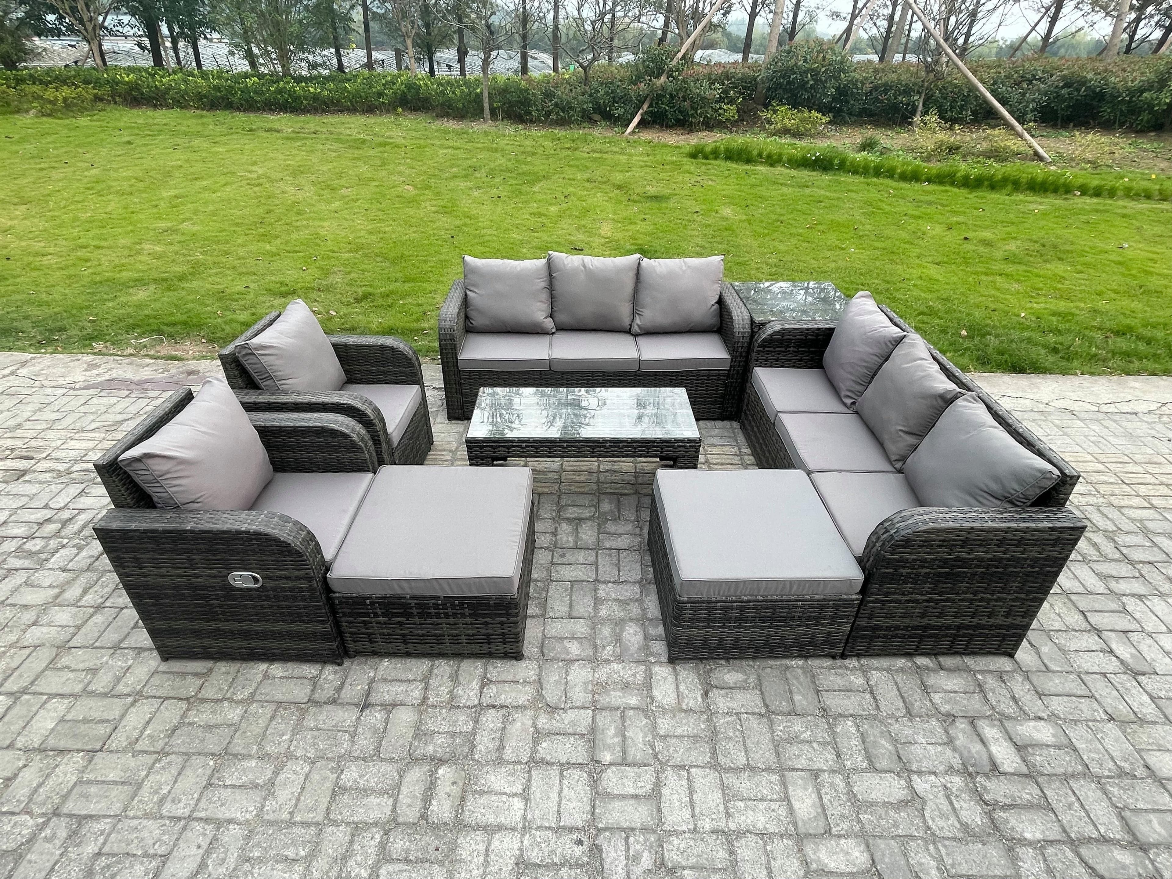 Wicker PE Rattan Sofa Set 10 Seater Outdoor Patio Garden Furniture Set 2 Reclining Chairs Coffee Table Side Tables