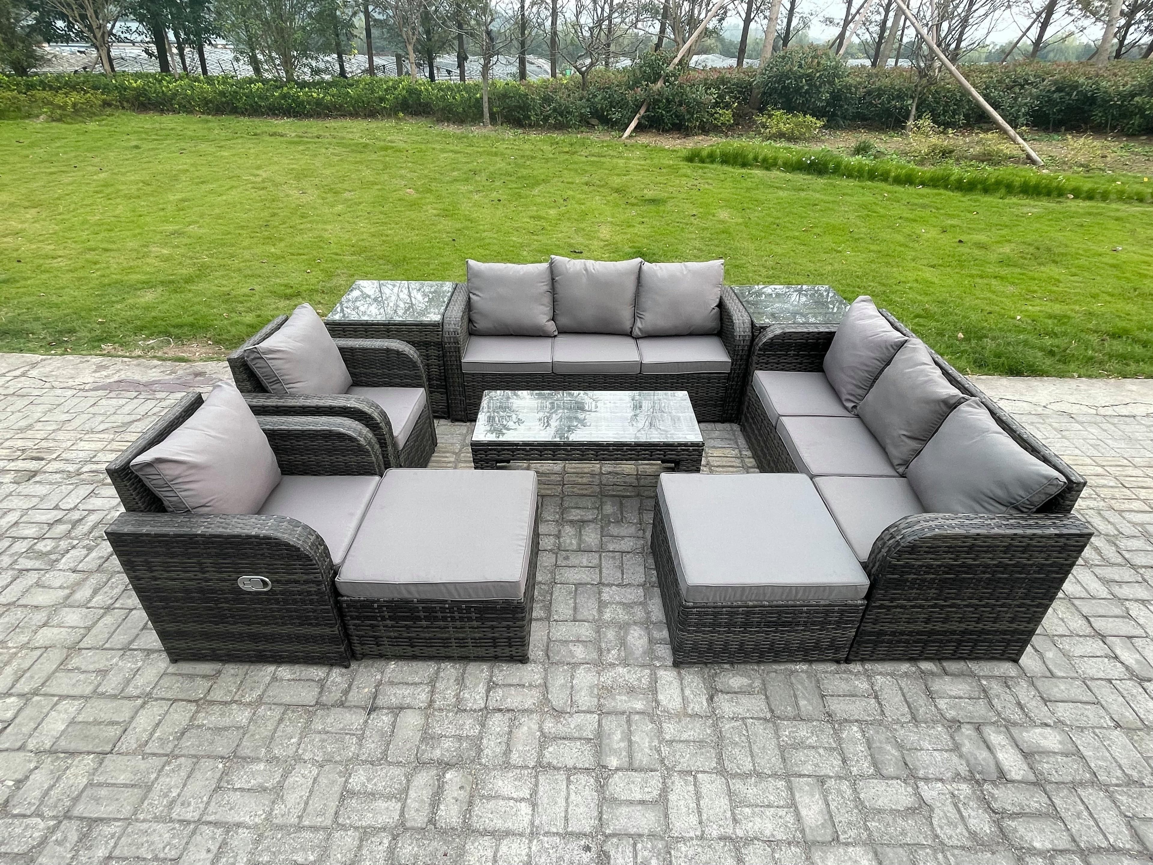 10 Seater Wicker PE Rattan Sofa Set Outdoor Patio Garden Furniture Set Reclining Chairs Coffee Table 2 Side Tables