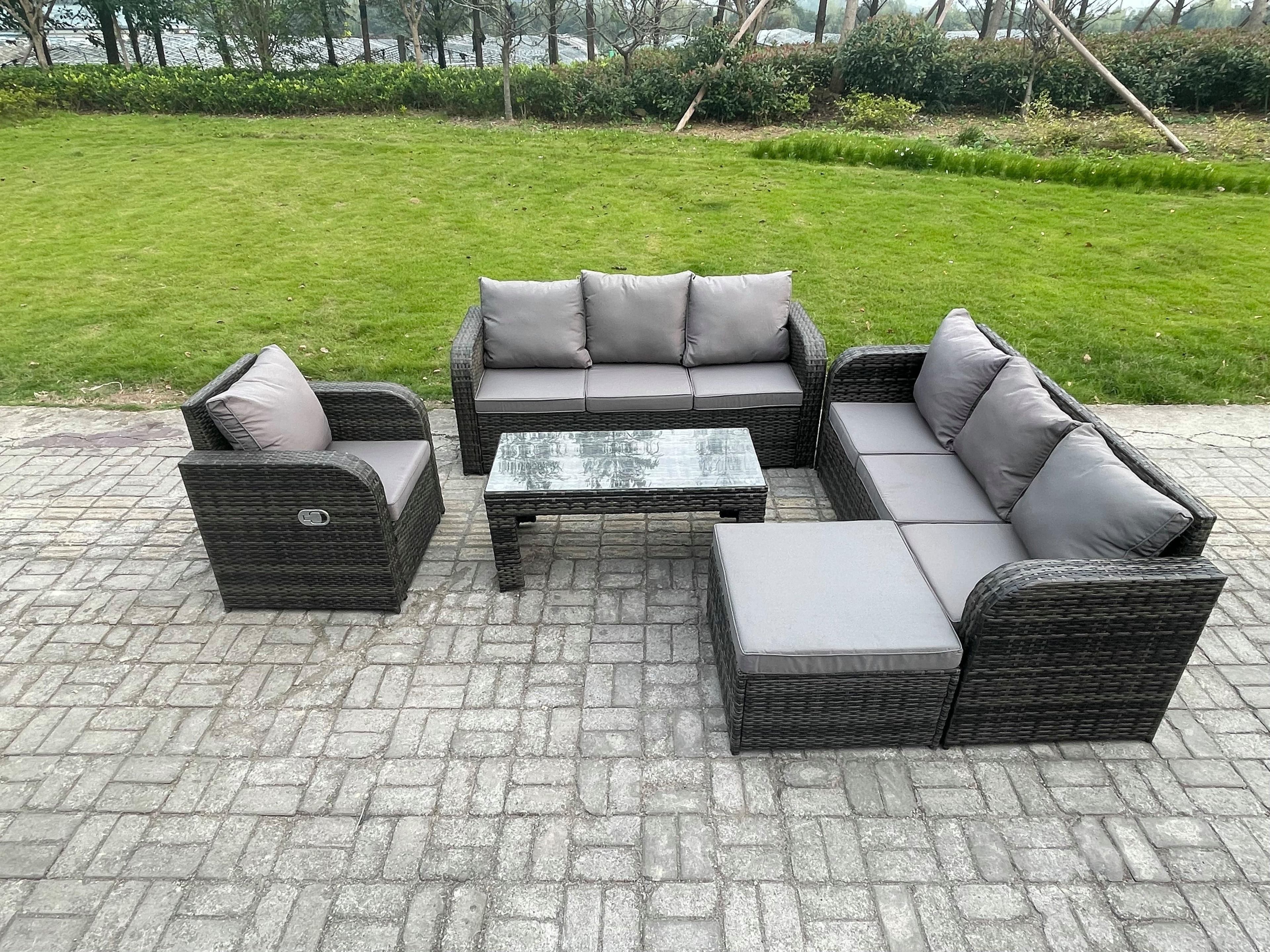 8 Seater Wicker PE Rattan Sofa Set Outdoor Patio Garden Furniture Set Reclining Chairs Coffee Table Big Footstool