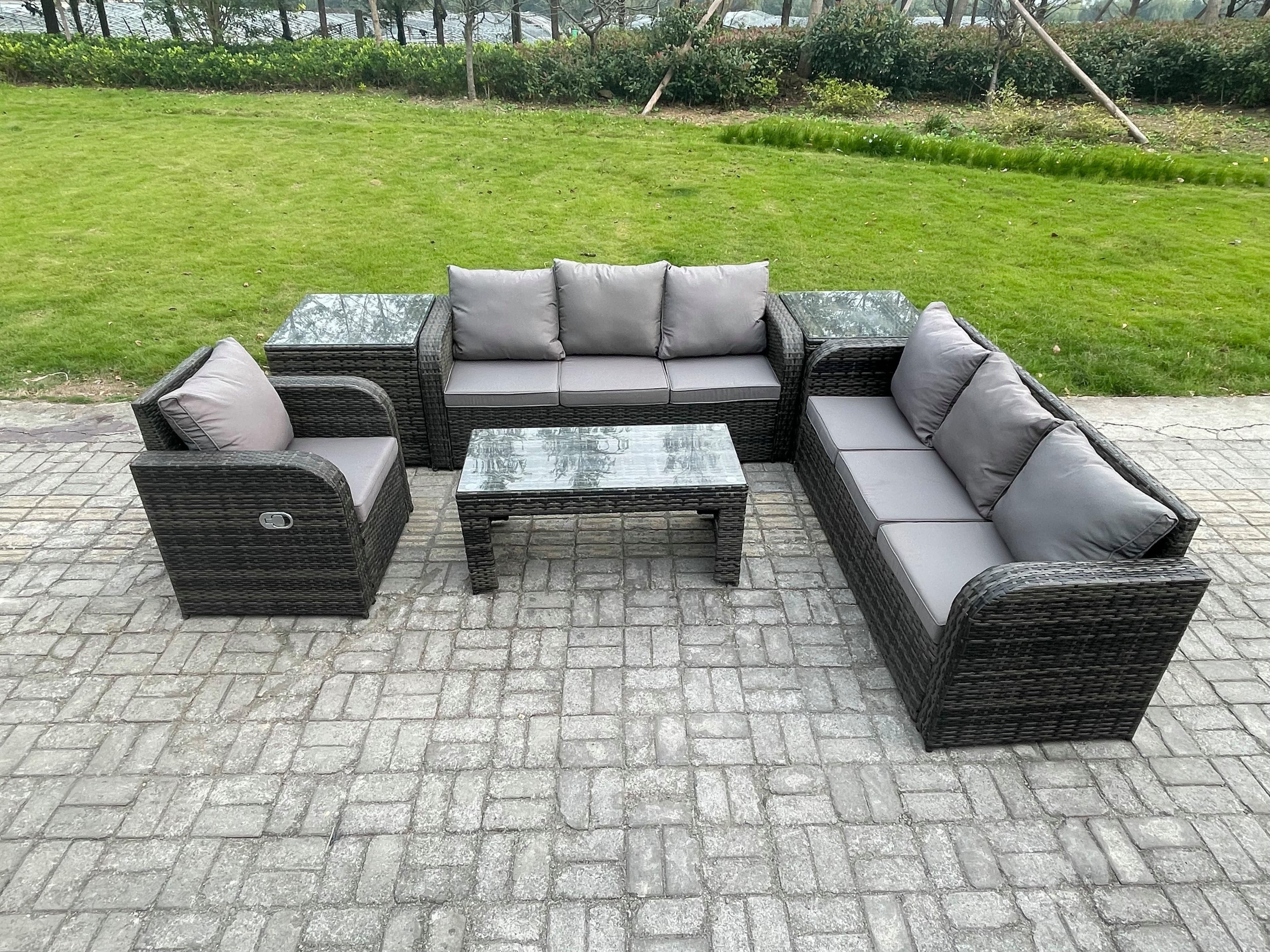 Wicker PE Rattan Sofa Set 7 Seater Outdoor Patio Garden Furniture Set 2 Side Tables Reclining Chairs Coffee Table