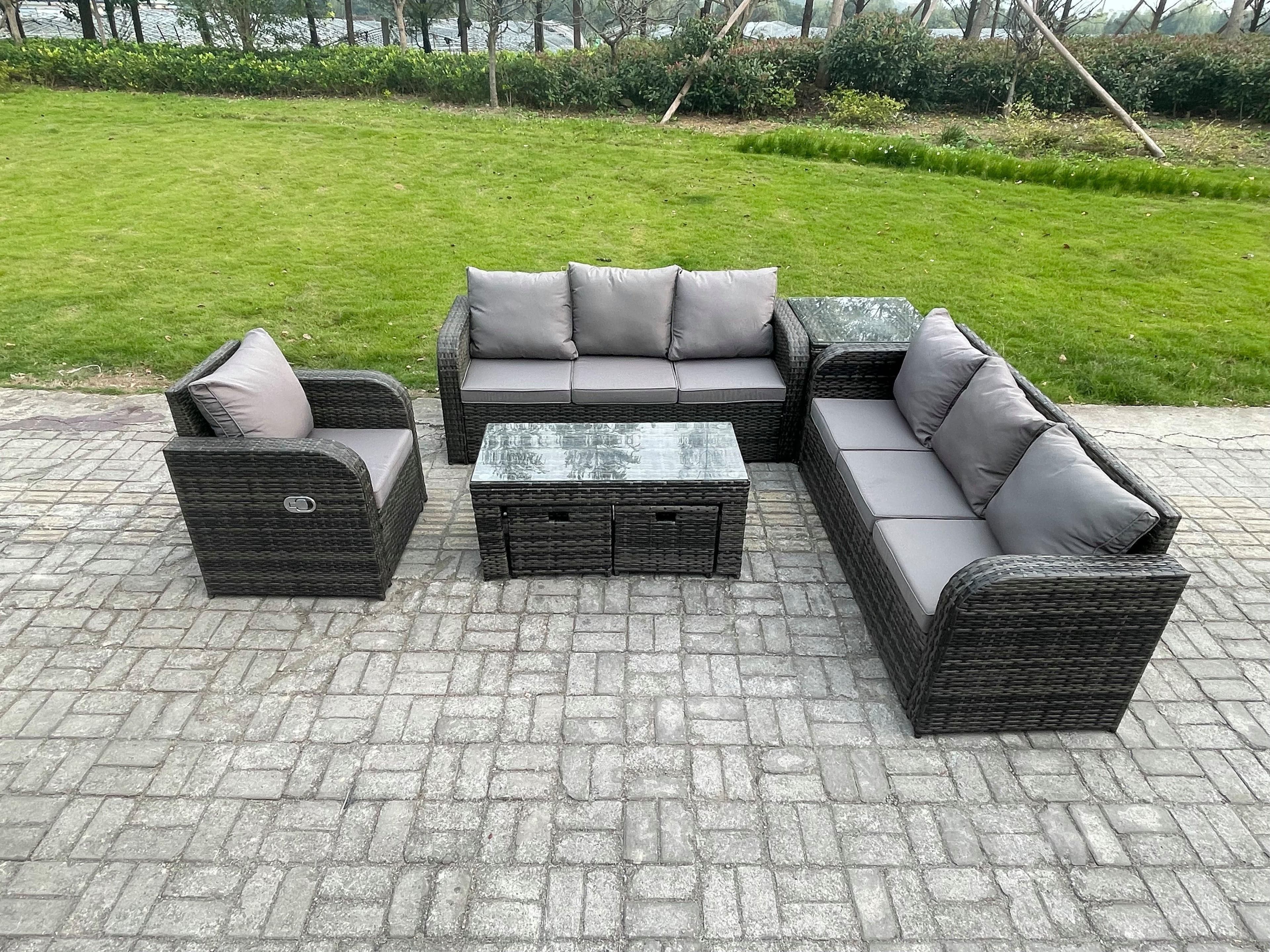 9 Seater Outdoor Lounge Sofa Set Rattan Garden Furniture Set Rectangular Coffee Table 2 Small Footstools 3 Seater Sofa