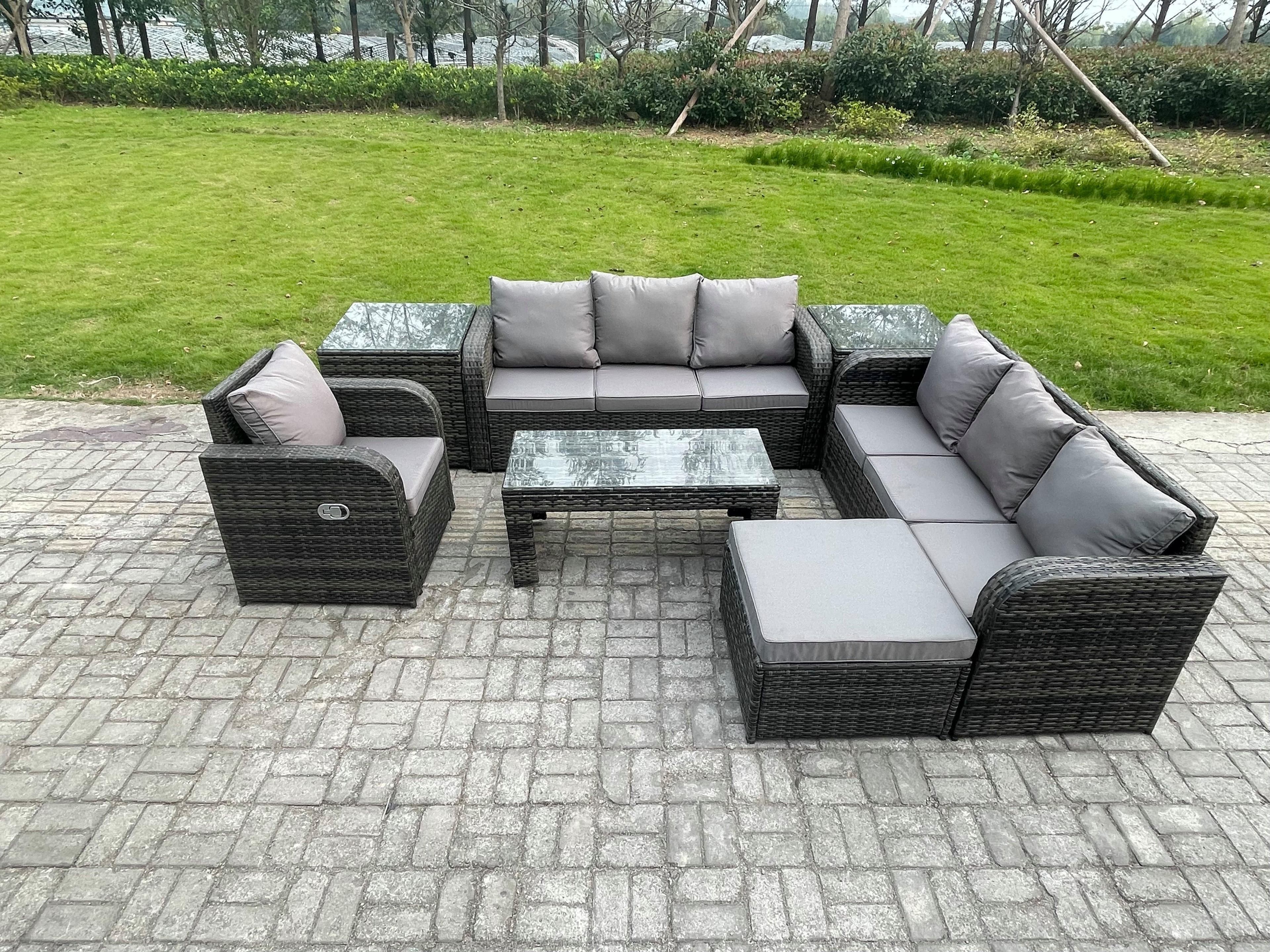 8 Seater Outdoor Lounge Sofa Set Rattan Garden Furniture Set Rectangular Coffee Table Big Footstool 3 Seater Sofa 2 Side Tables