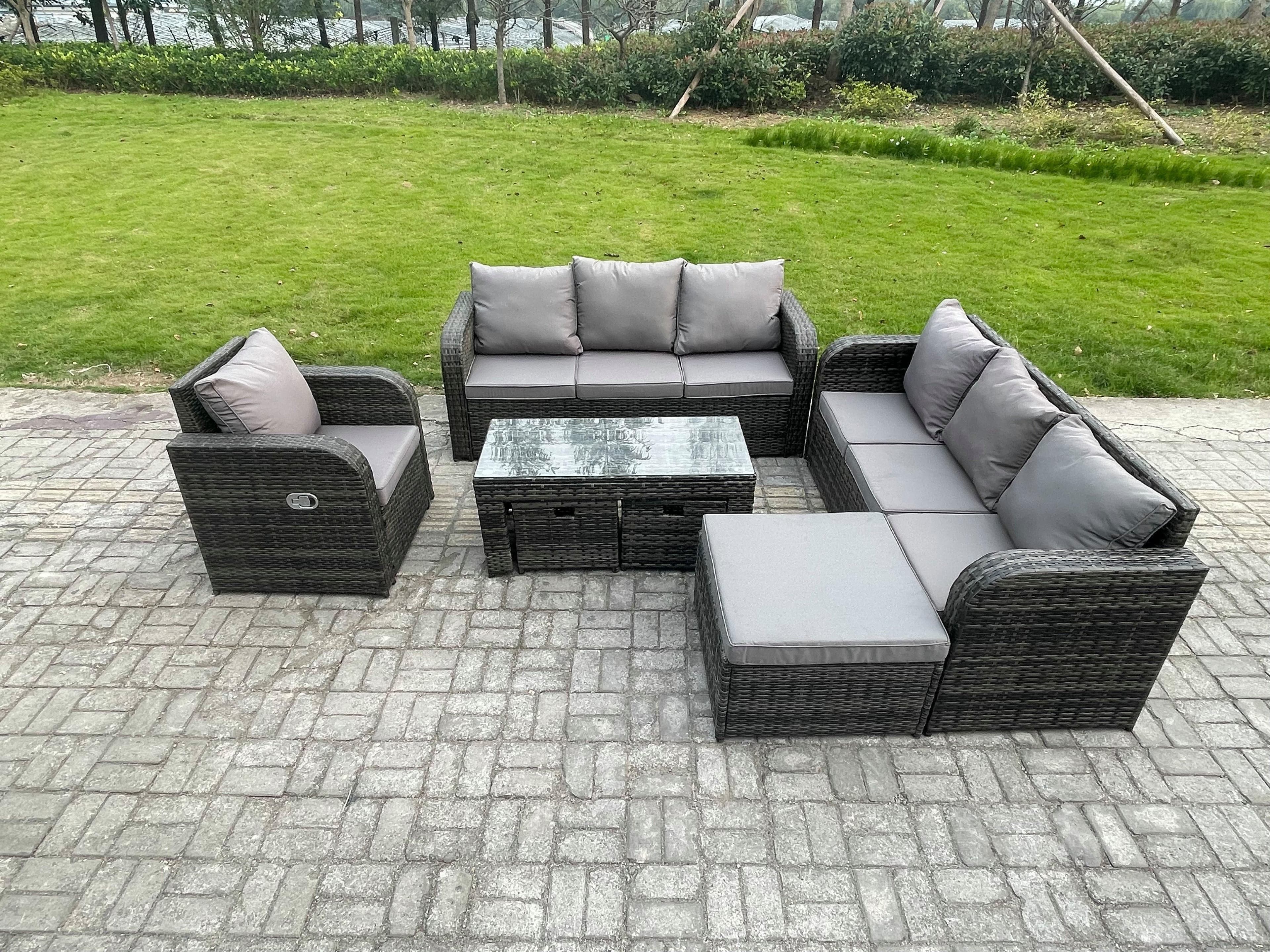 10 Seater Outdoor Sofa Set Rattan Garden Furniture Set Rectangular Coffee Table 3 Footstools 3 Seater Sofa Dark Grey Mixed