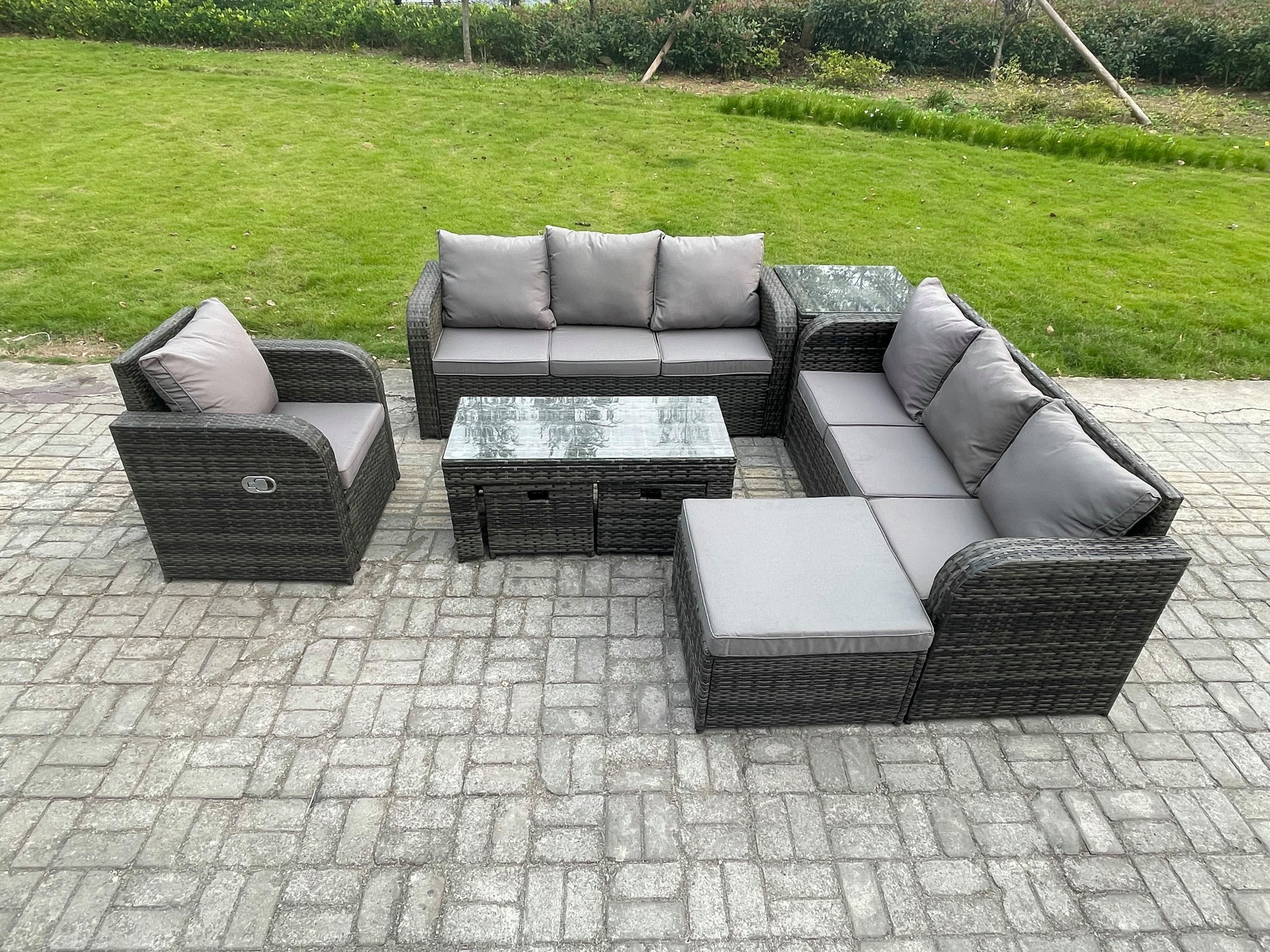 10 Seater Outdoor Lounge Sofa Set Rattan Garden Furniture Set Rectangular Coffee Table 3 Footstools 3 Seater Sofa Side Table