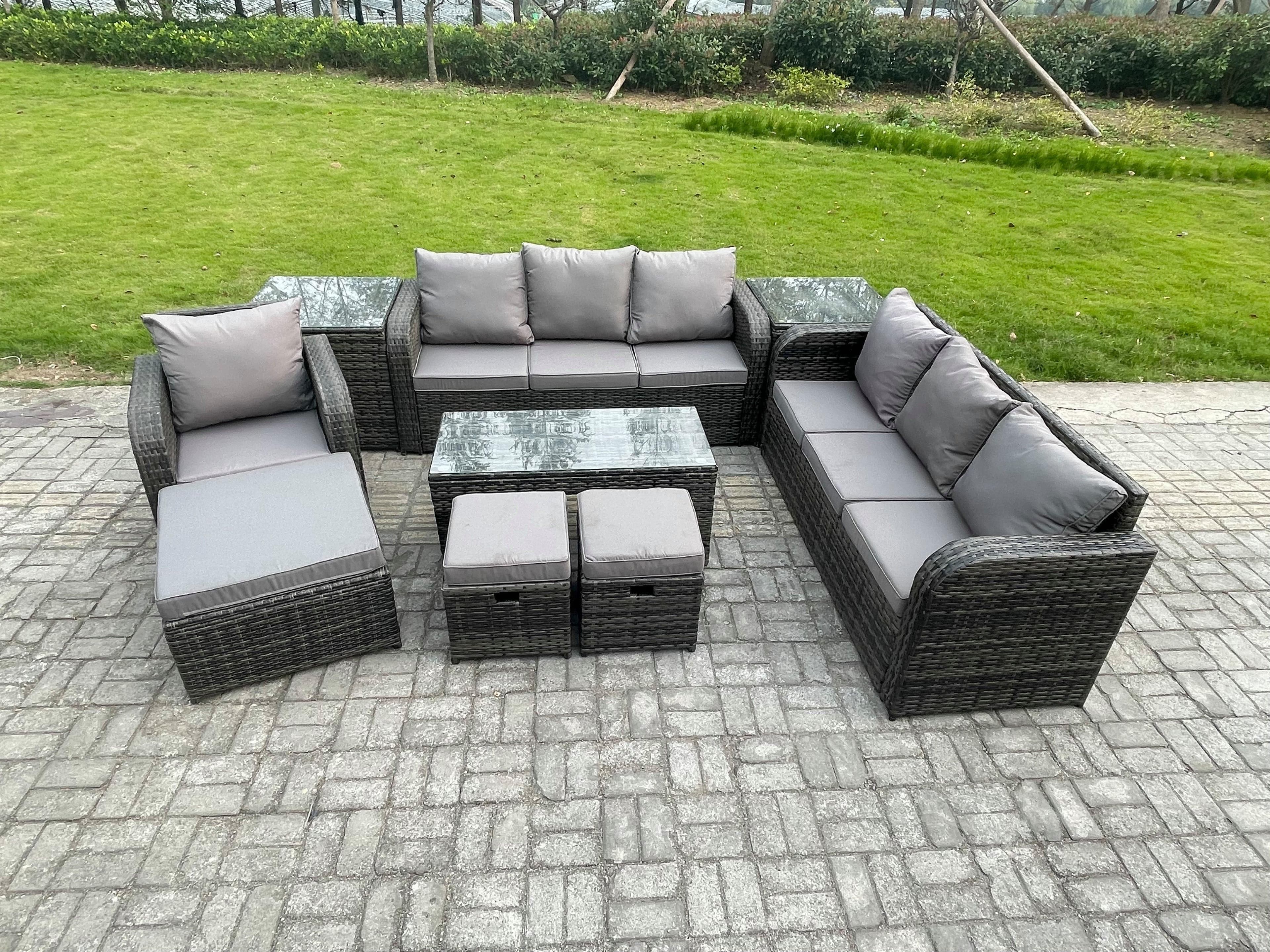 Outdoor Lounge Sofa Set 10 Seater Rattan Garden Furniture Set Rectangular Coffee Table 3 Footstools 3 Seater Sofa 2 Side Tables