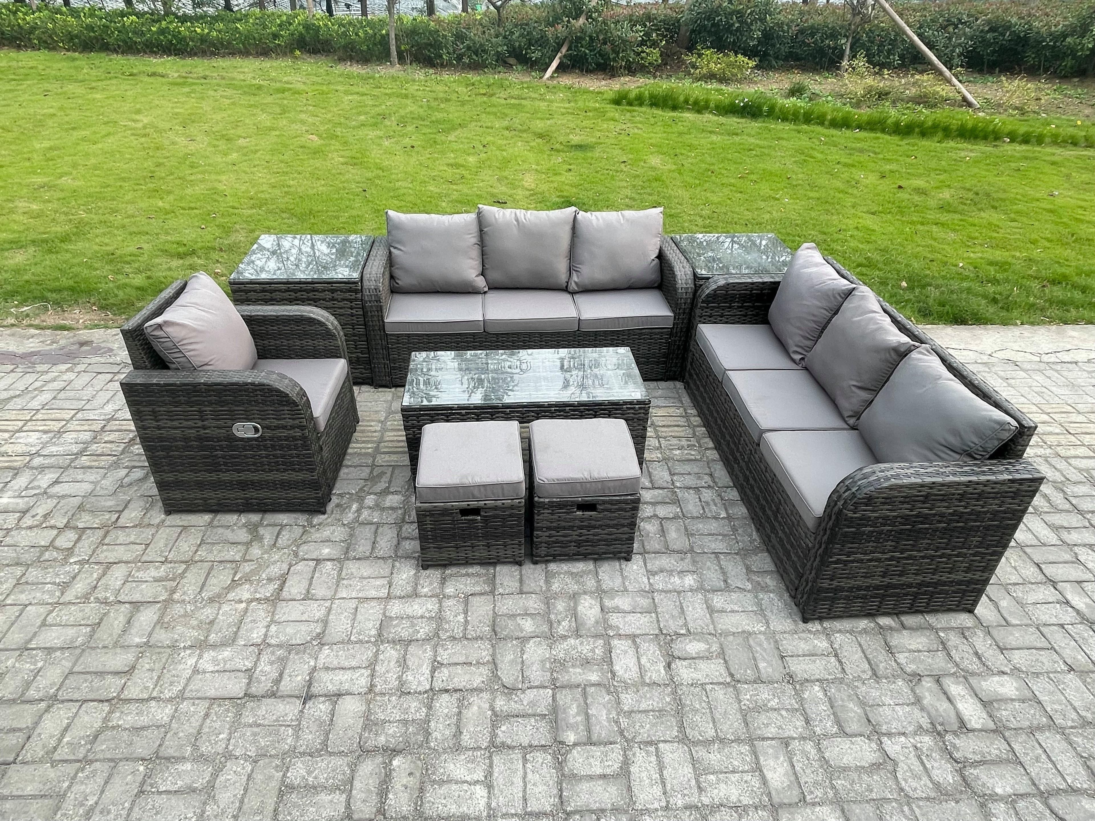 Outdoor Sofa Set 9 Seater Rattan Garden Furniture Set Rectangular Coffee Table 2 Small Footstools 3 Seater Sofa 2 Side Tables