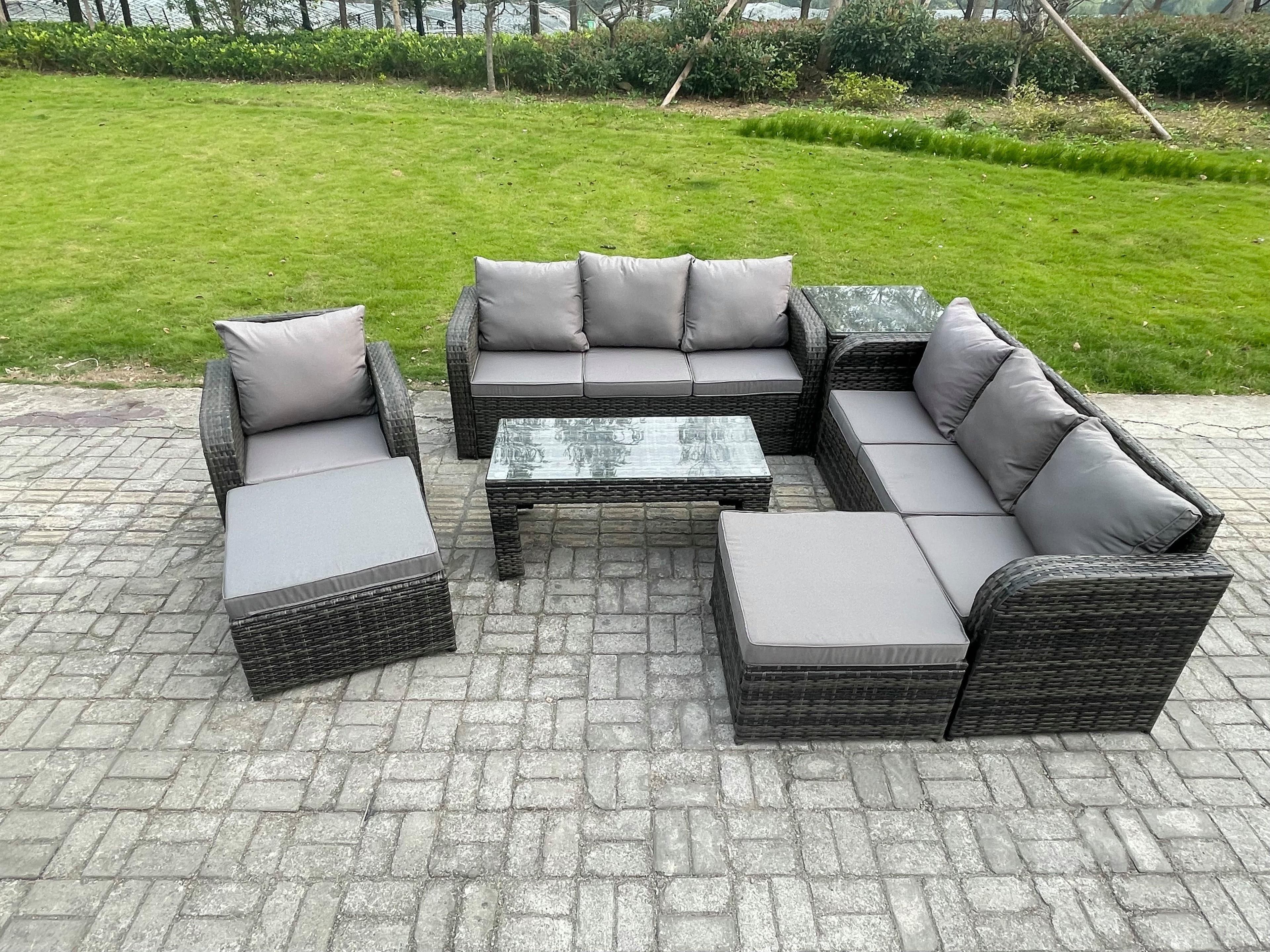 Outdoor Lounge Sofa Set 9 Seater Rattan Garden Furniture Set Rectangular Coffee Table 2 Big Footstool 3 Seater Sofa Side Table