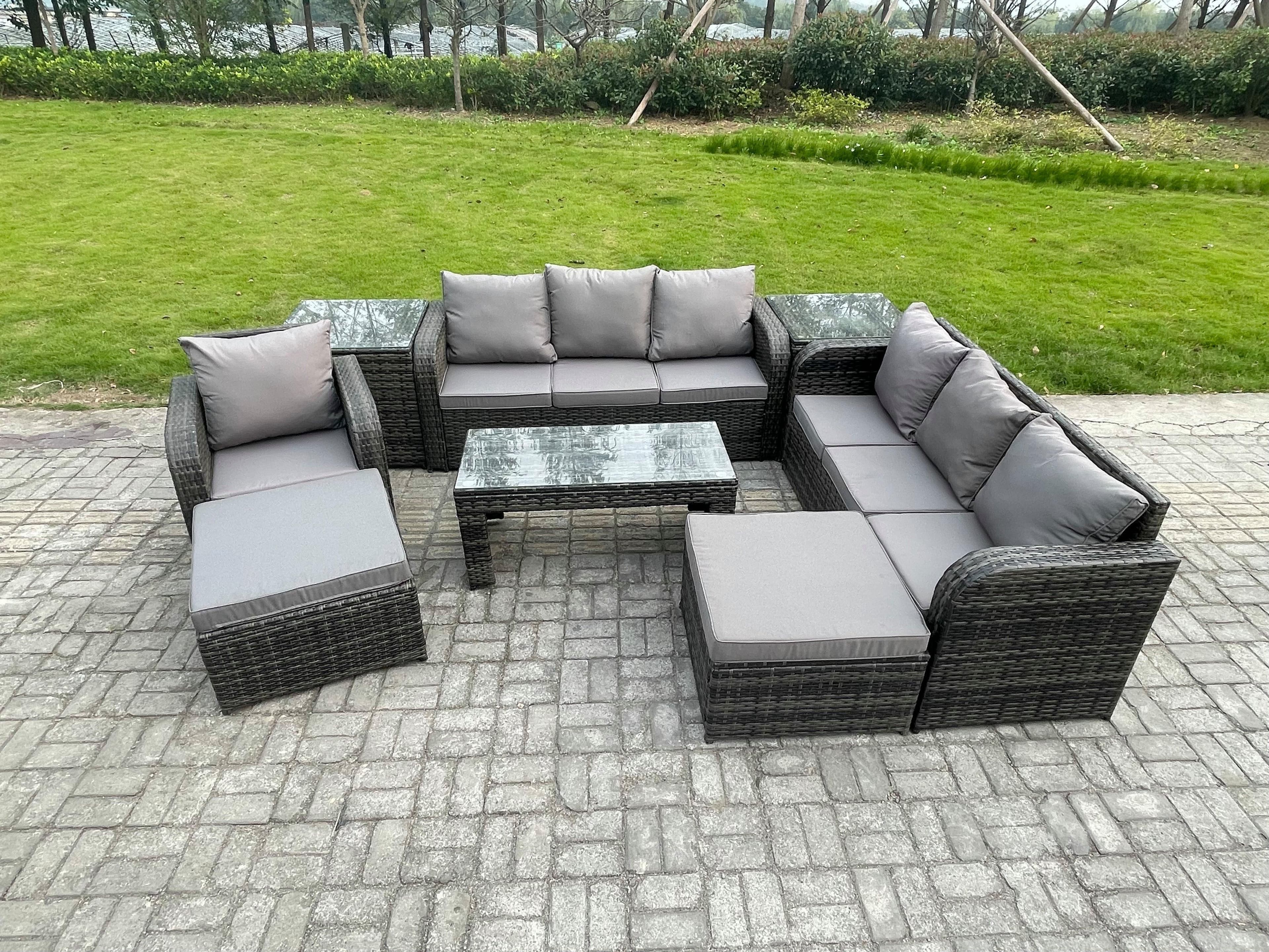 Outdoor Lounge Sofa Set 9 Seater Rattan Garden Furniture Set Rectangular Coffee Table 3 Seater Sofa 2 Side Tables 2 Big Footstool