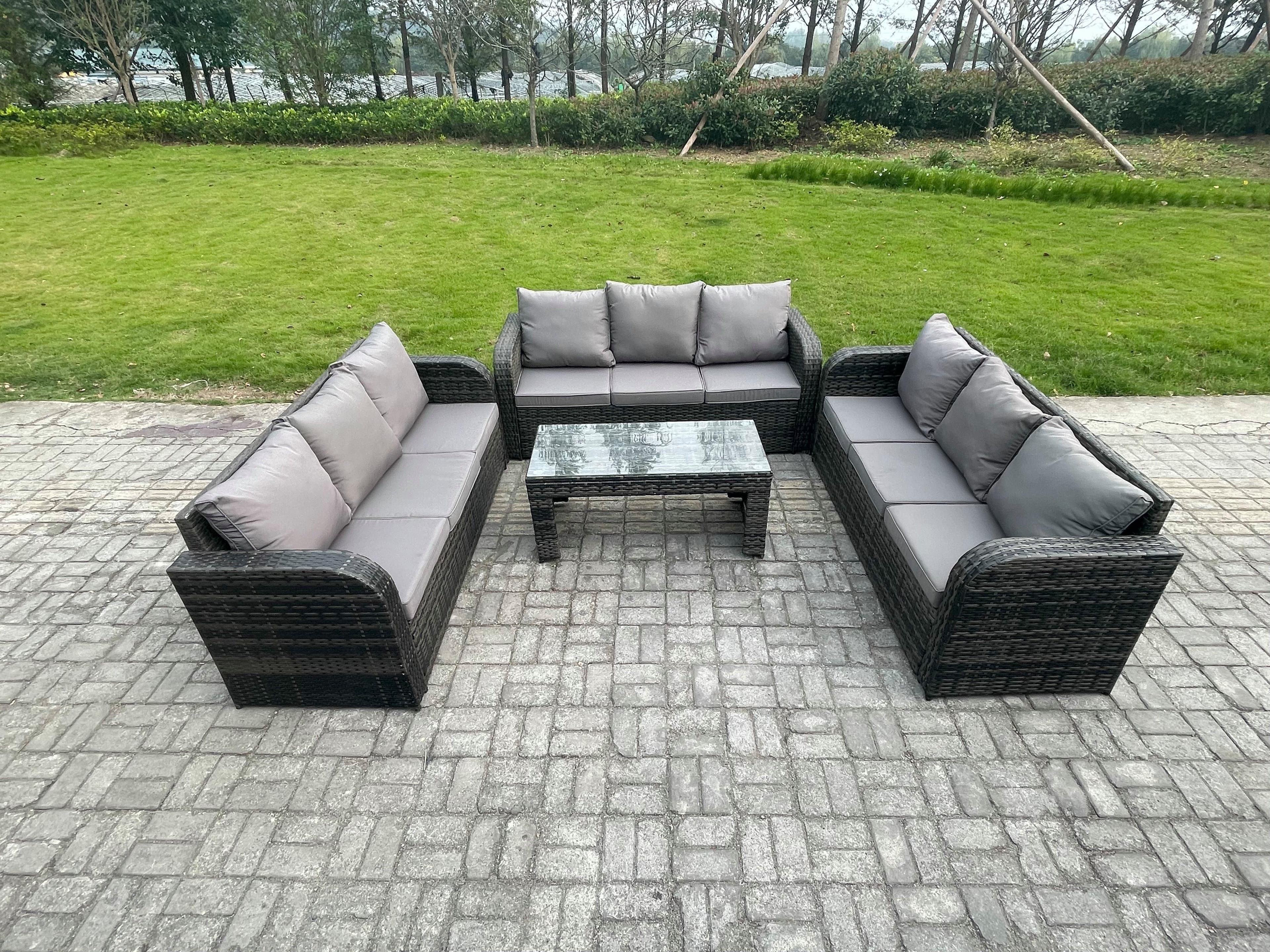 Outdoor Lounge Sofa Set 9 Seater Rattan Garden Furniture Set Rectangular Coffee Table 3 Seater Sofa Dark Grey Mixed