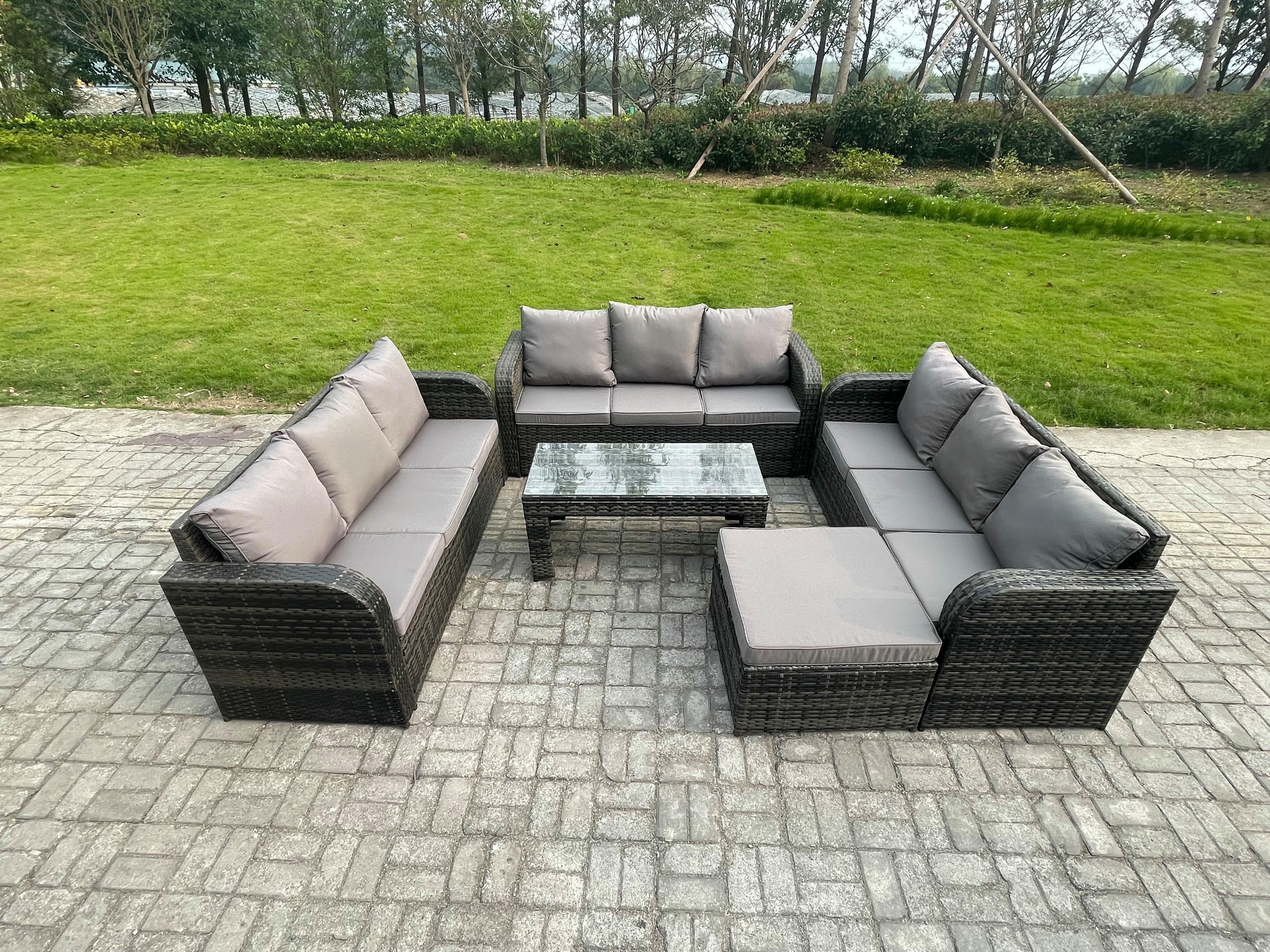 Outdoor Lounge Sofa Set 10 Seater Rattan Garden Furniture Set Rectangular Coffee Table Big Footstool 3 Seater Sofa Dark Grey Mixed