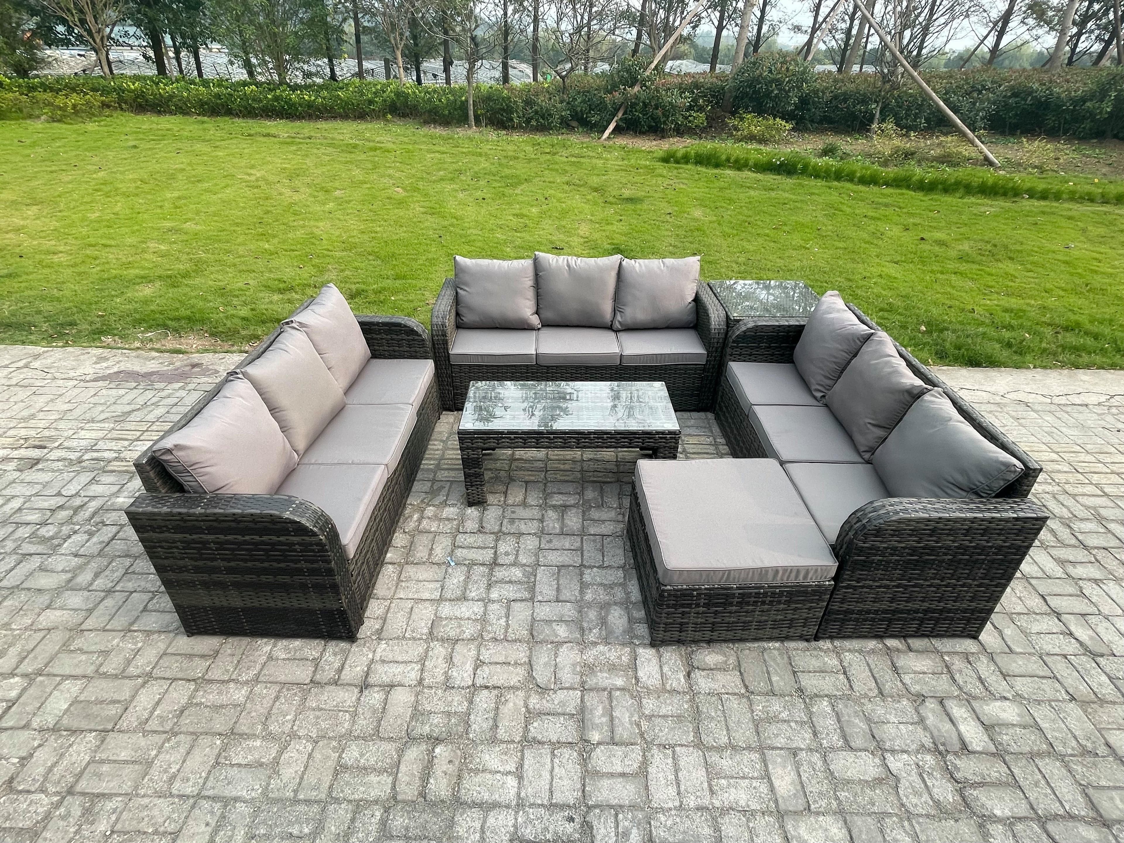 Outdoor Lounge Sofa Set 10 Seater Rattan Garden Furniture Set Rectangular Coffee Table Side Table Big Footstool 3 Seater Sofa