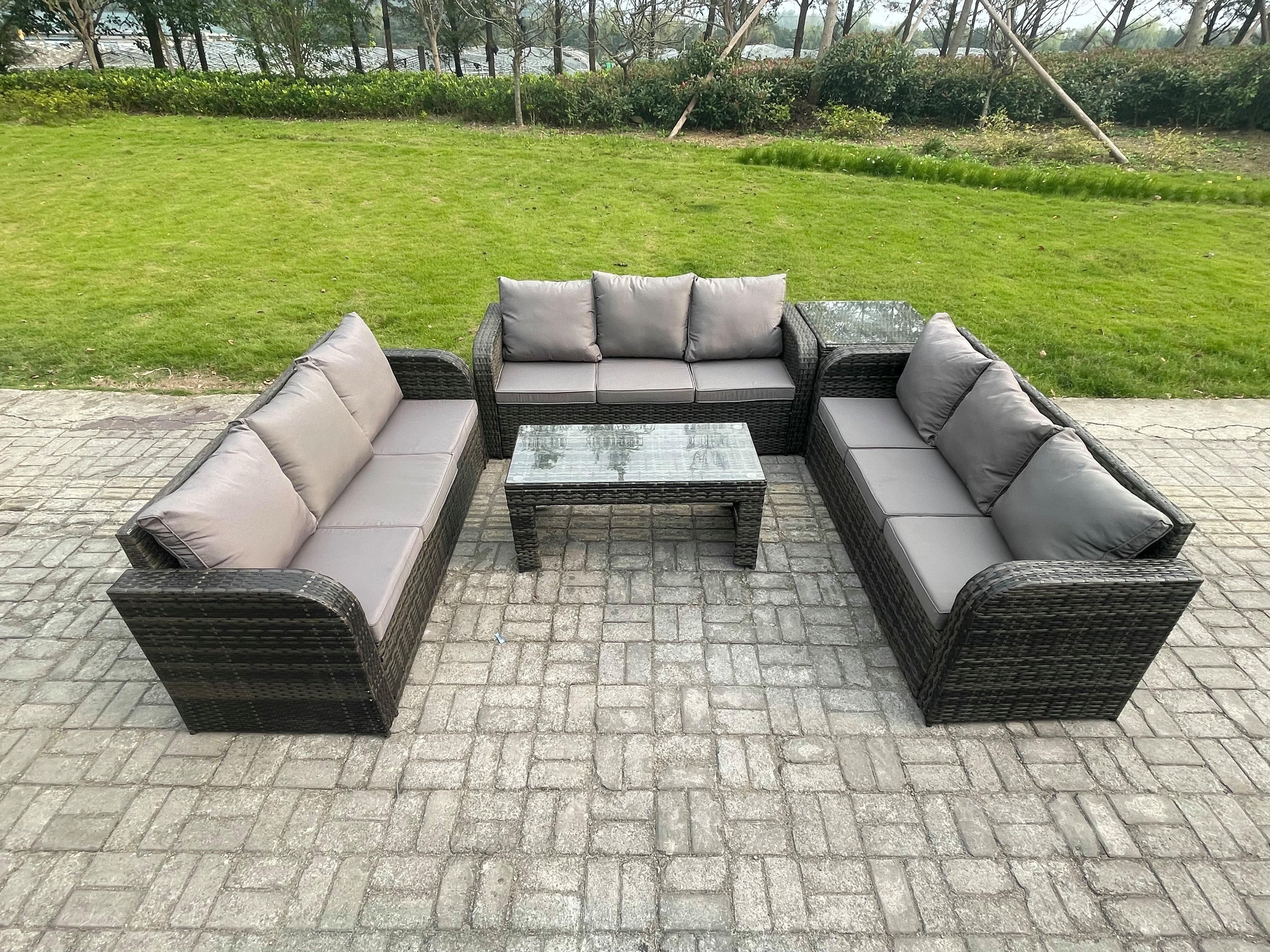 Outdoor Lounge Sofa Set Rattan Garden Furniture Set Rectangular Coffee Table Side Table 3 Seater Sofa Dark Grey Mixed