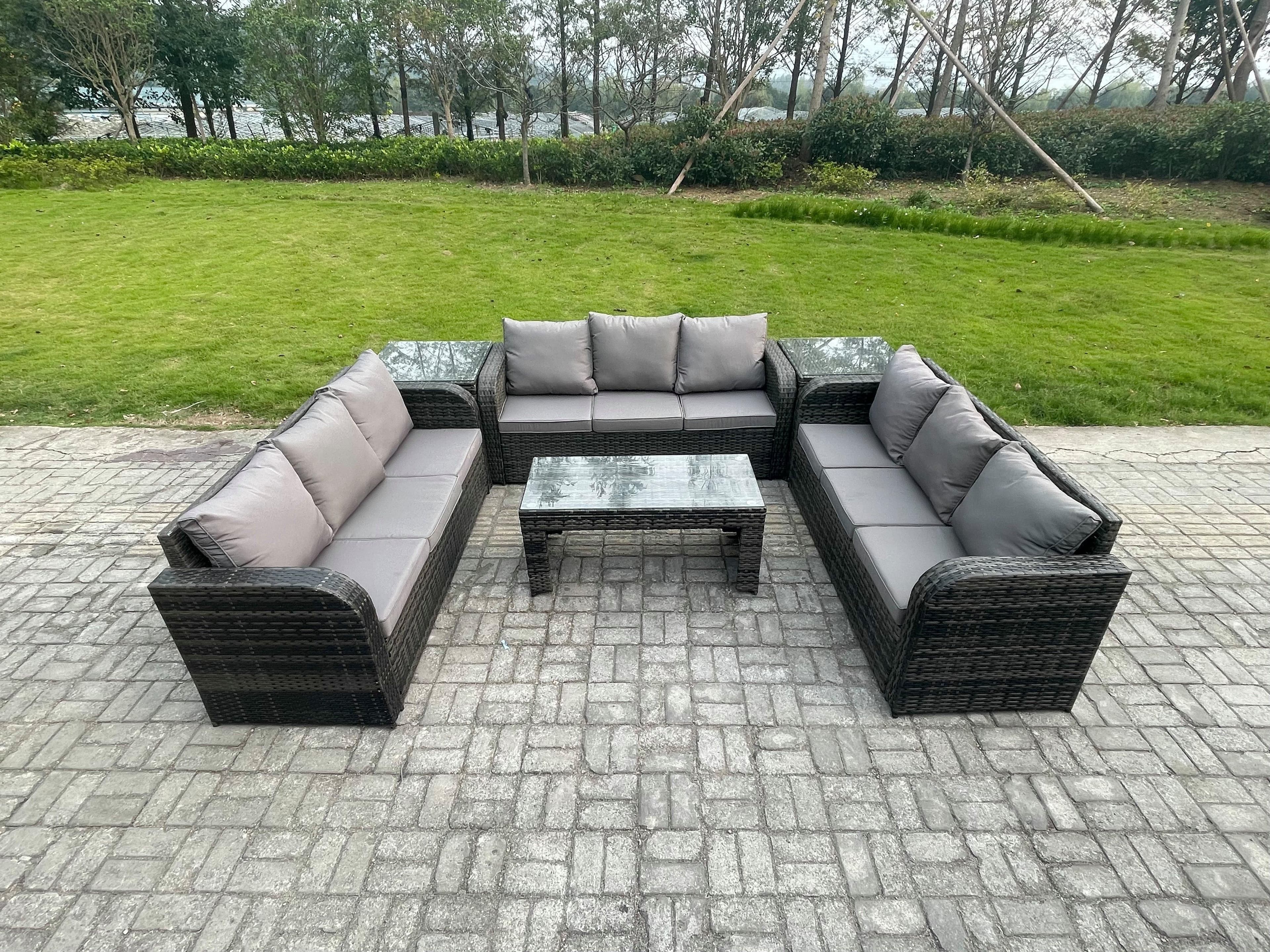 9 Seater Outdoor Lounge Sofa Set Rattan Garden Furniture Set Rectangular Coffee Table 2 Side Tables 3 Seater Sofa Dark Grey Mixed