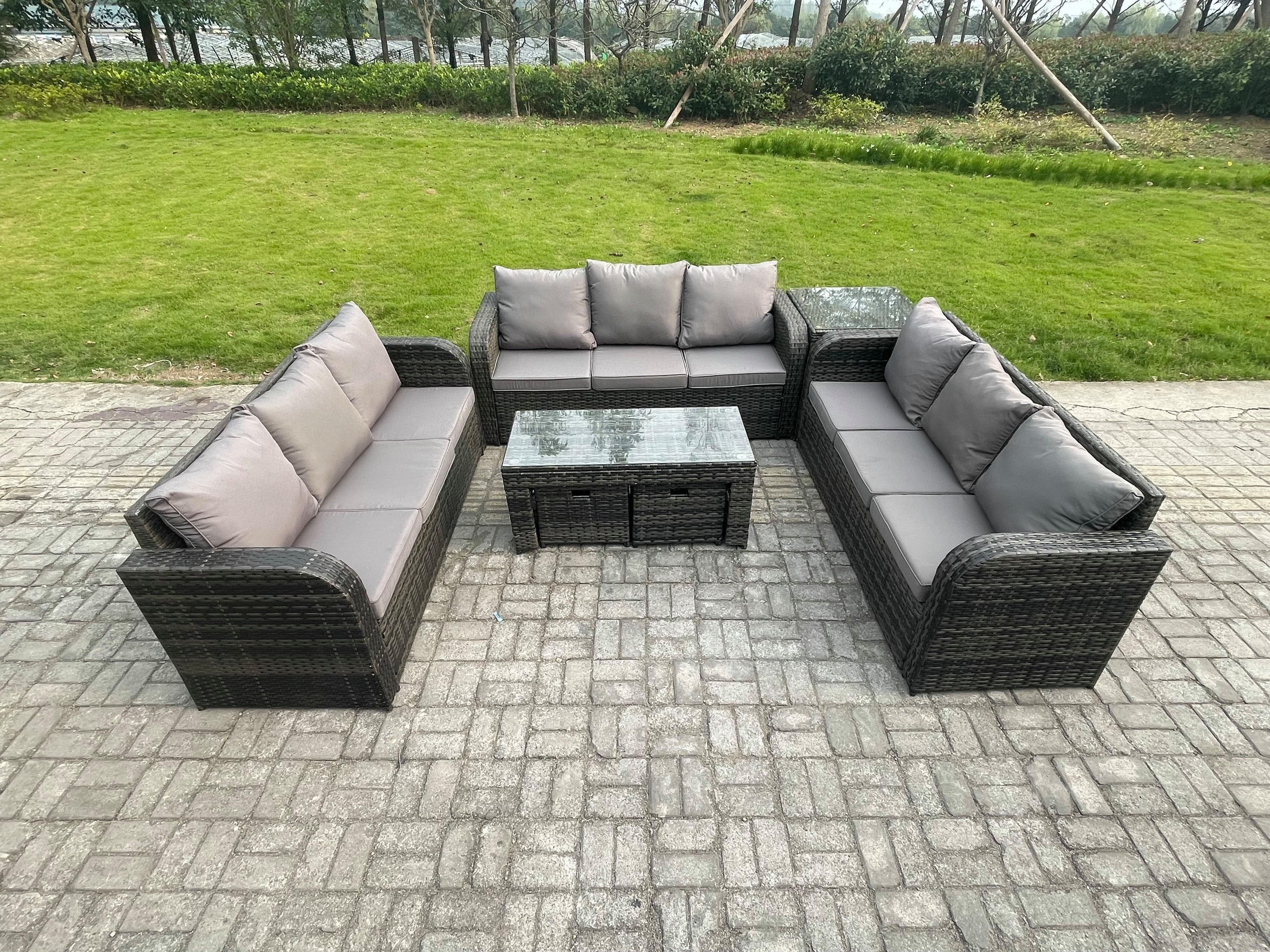11 Seater Outdoor Lounge Sofa Set Rattan Garden Furniture Set Rectangular Coffee Table Side Table 2 Small Footstools 3 Seater Sofa