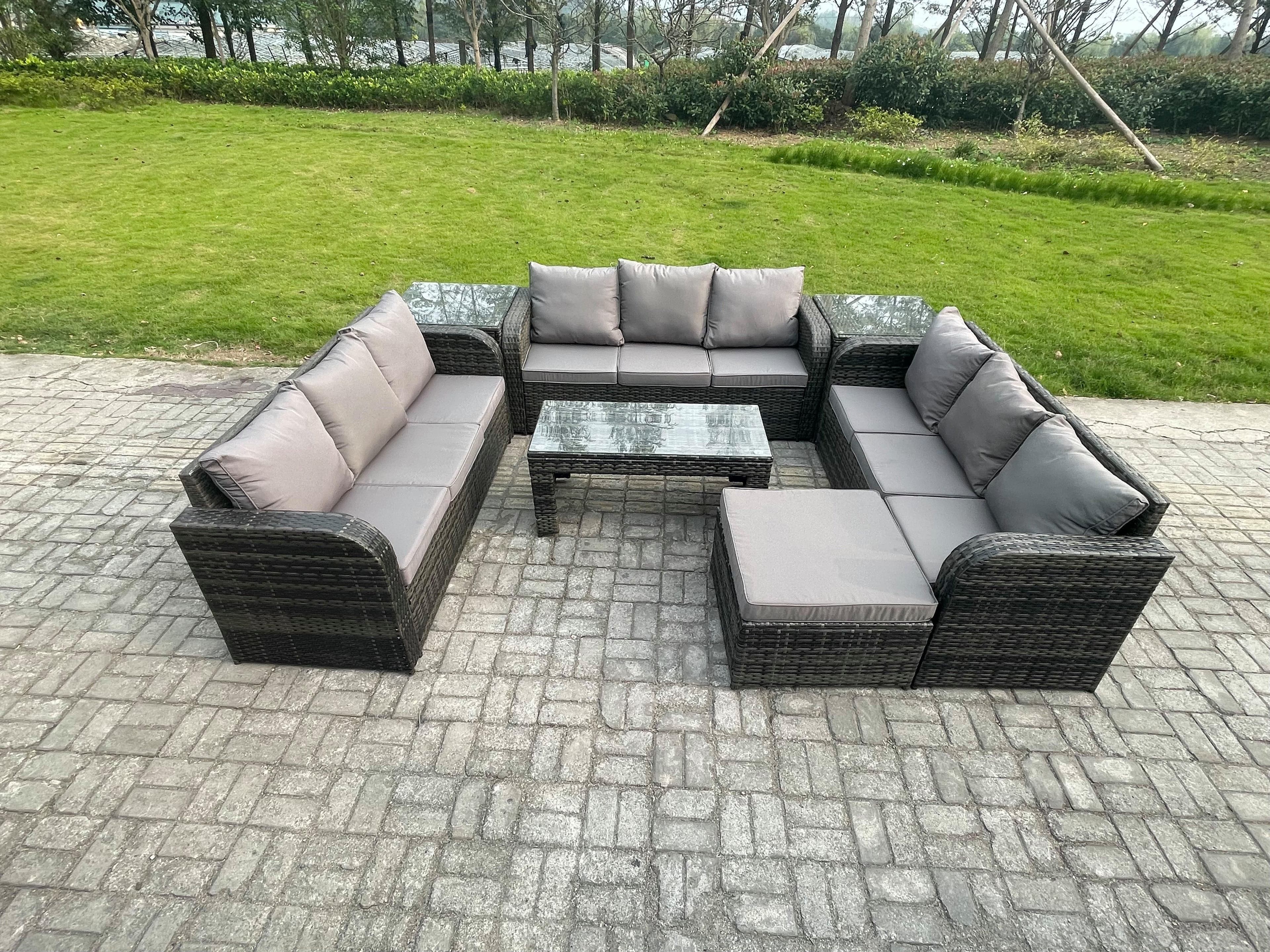 10 Seater Rattan Garden Furniture Set Indoor Outdoor Patio Sofa Set Coffee Table 2 Side Tables Big Footstool Dark Grey Mixed