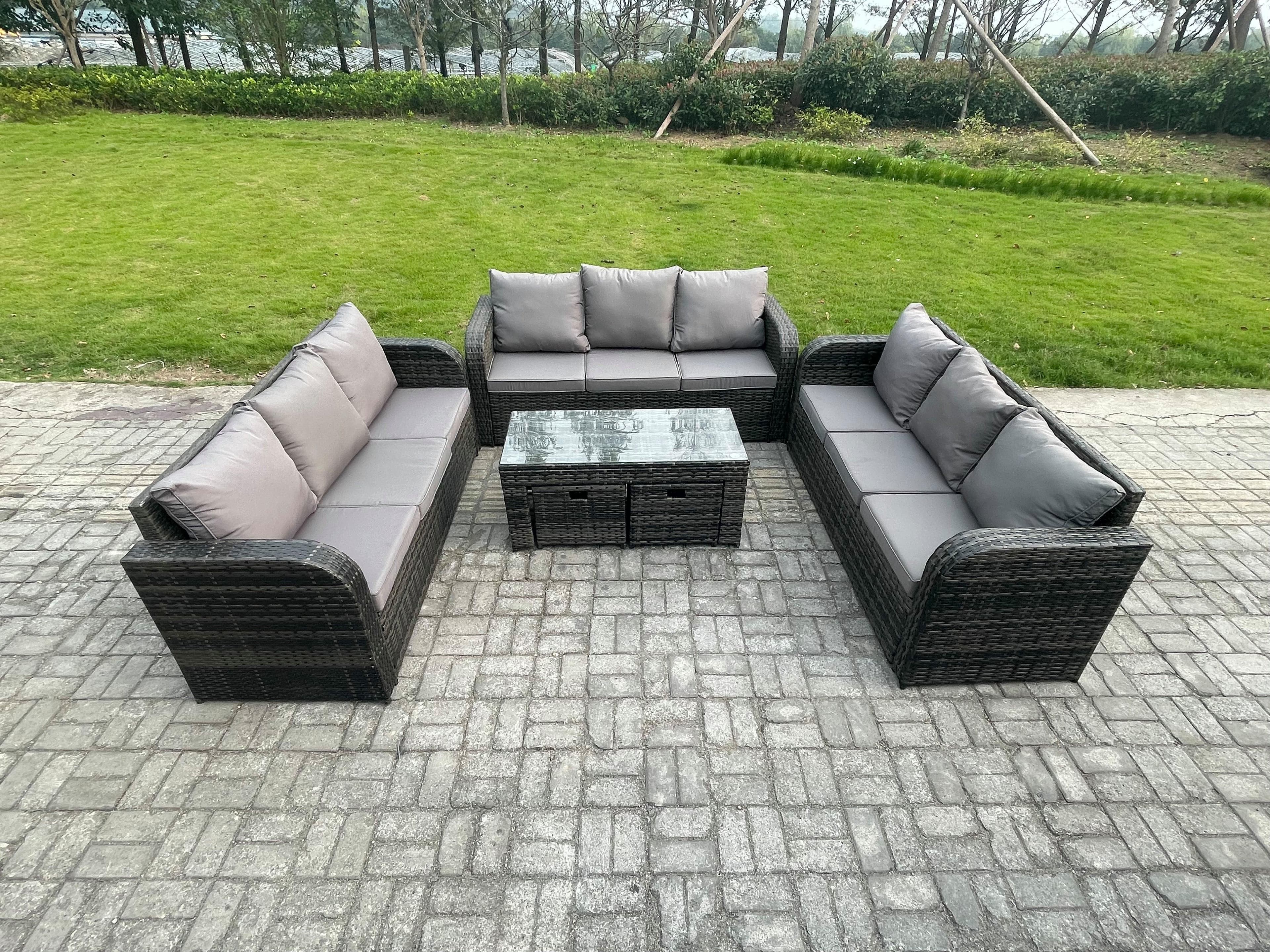 11 Seater Rattan Garden Furniture Set Indoor Outdoor Patio Sofa Set Coffee Table 2 Small Footstools Dark Grey Mixed