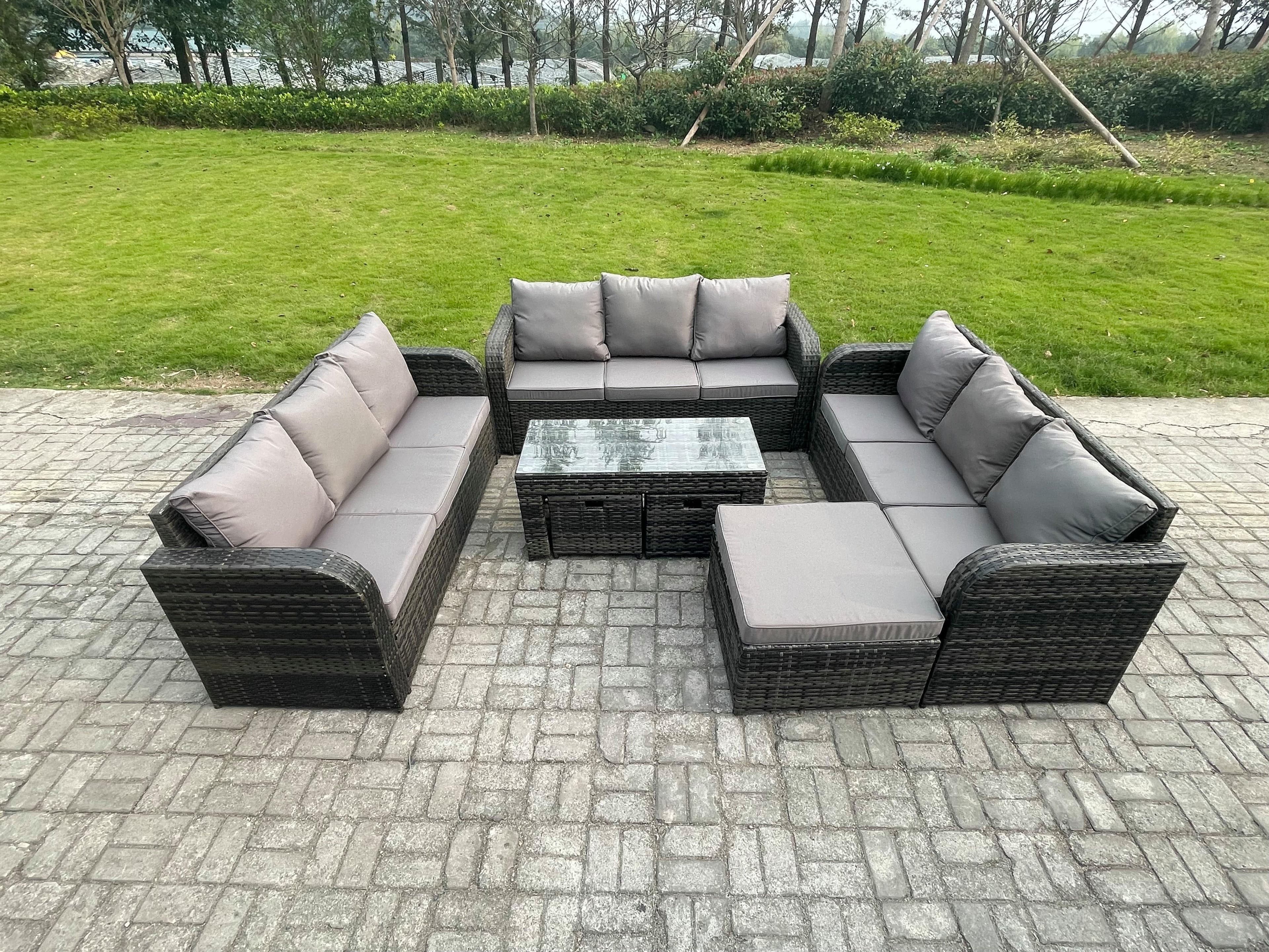 12 Seater Rattan Garden Furniture Set Indoor Outdoor Patio Sofa Set Coffee Table 3 Footstools Dark Grey Mixed