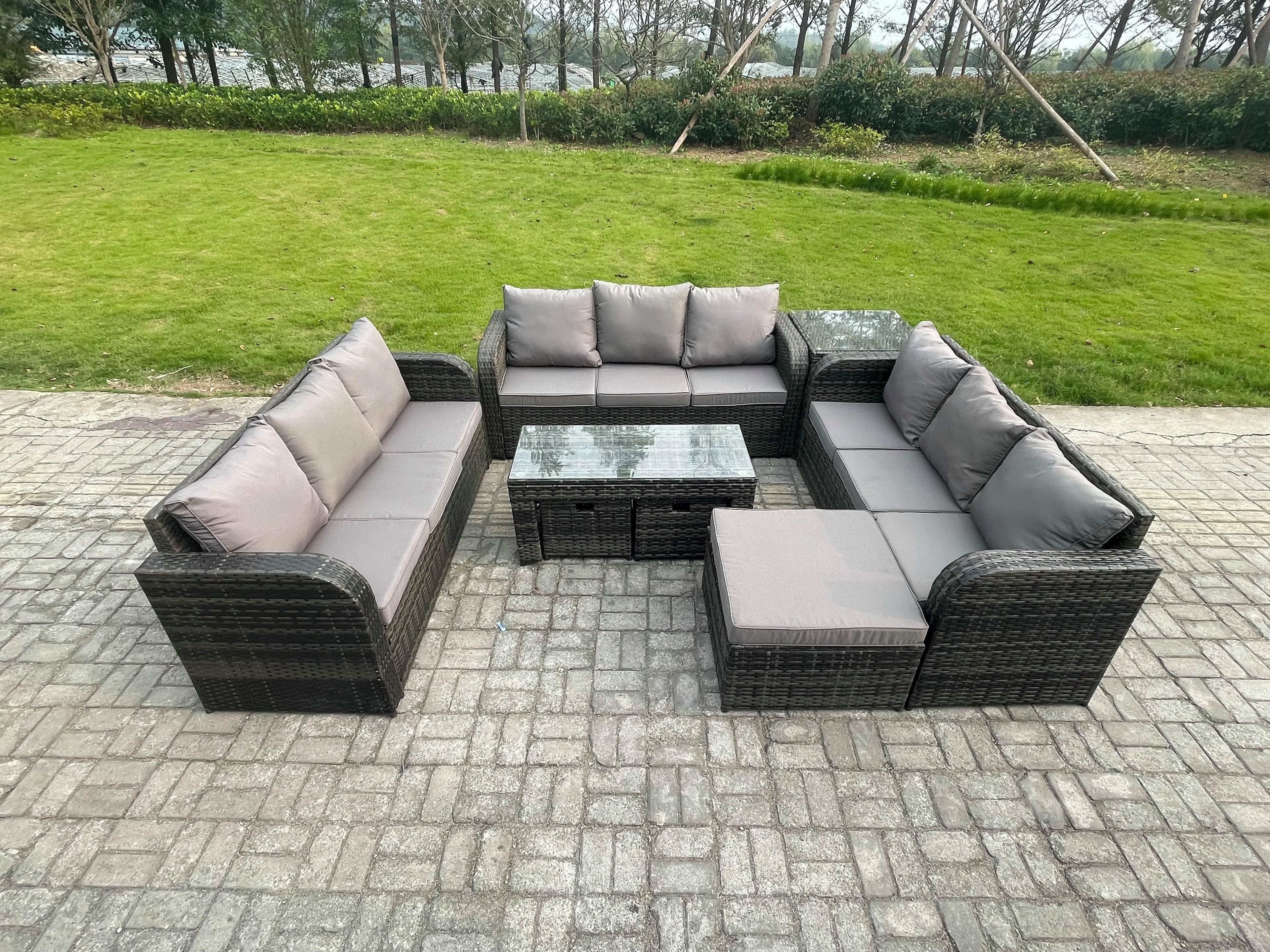 12 Seater Rattan Garden Furniture Set Indoor Outdoor Patio Sofa Set Coffee Table 3 Footstools Side Table Dark Grey Mixed