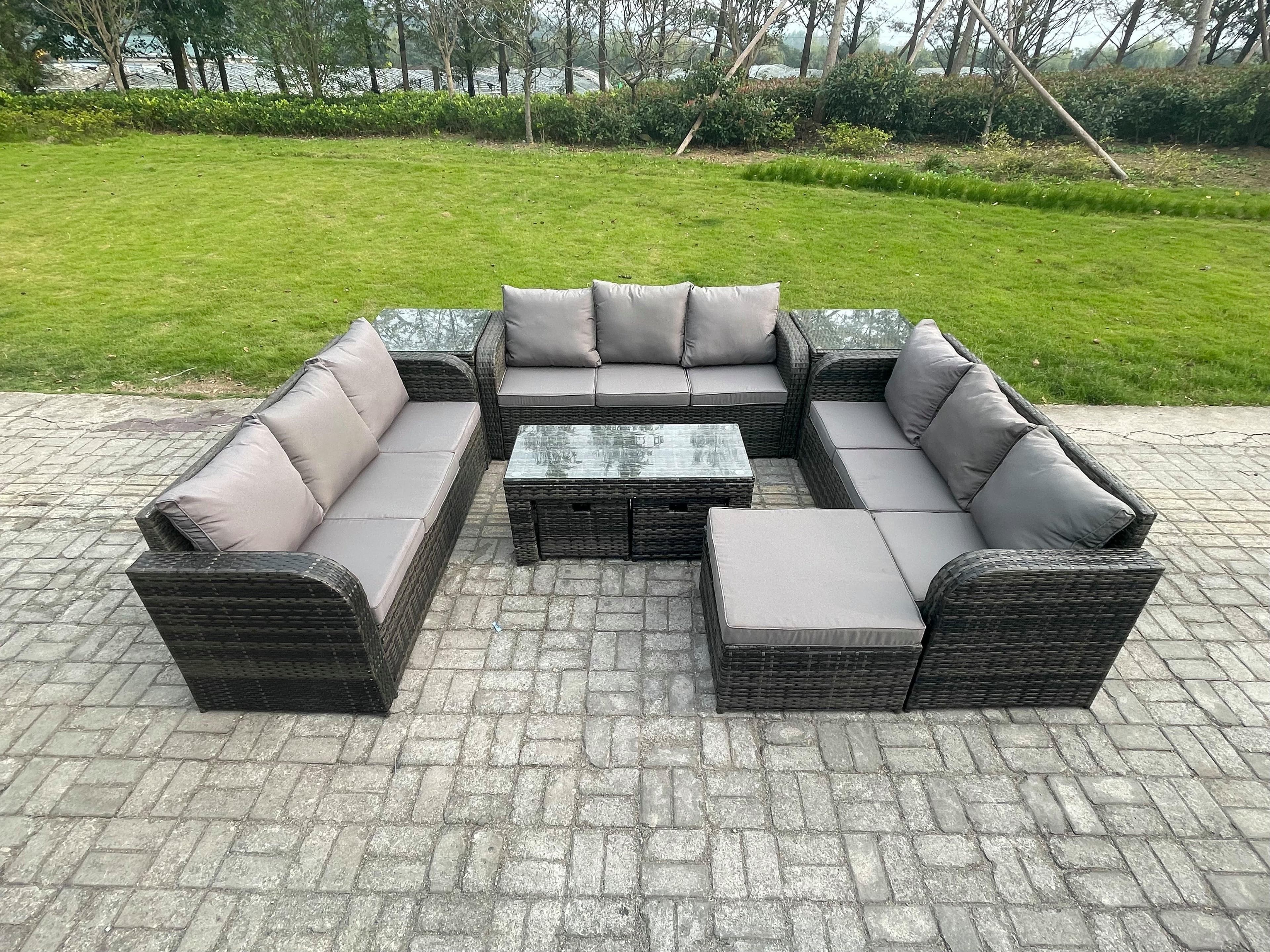 Rattan Garden Furniture Set 12 Seater Indoor Outdoor Patio Sofa Set Coffee Table 3 Footstools 2 Side Tables Dark Grey Mixed