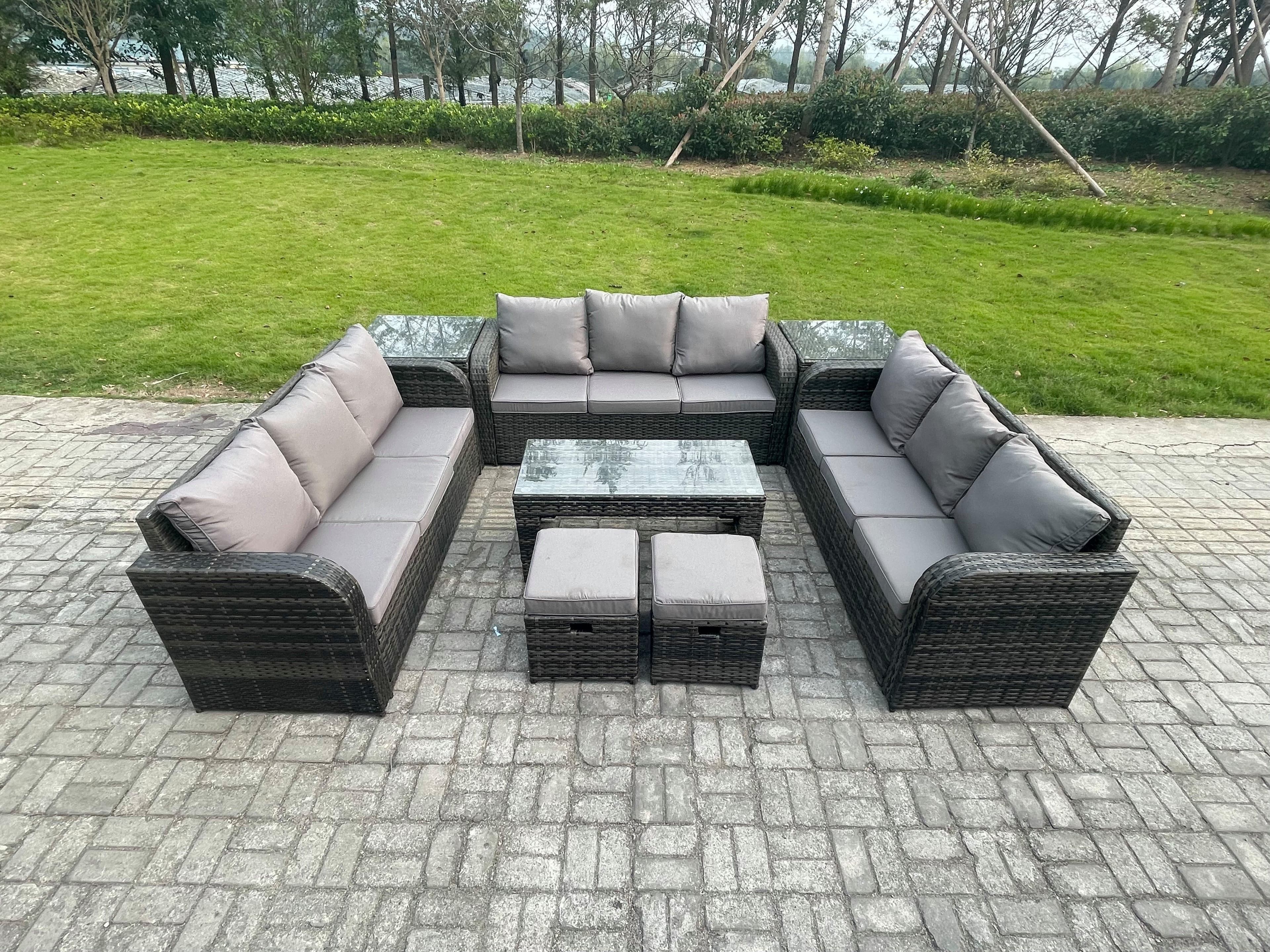 Rattan Garden Furniture Set 11 Seater Indoor Outdoor Patio Sofa Set Coffee Table 2 Small Footstools 2 Side Tables Dark Grey Mixed