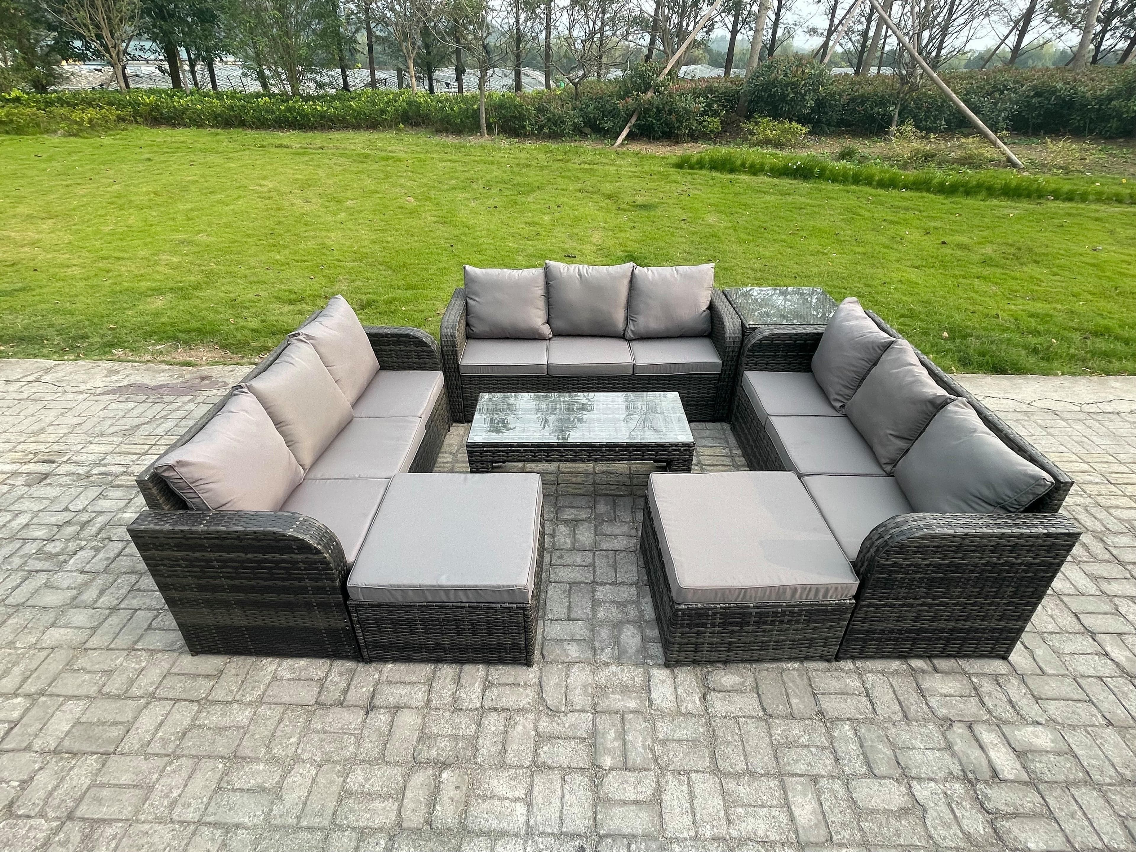 Rattan Garden Furniture Set 11 Seater Indoor Outdoor Patio Sofa Set Coffee Table 2 Big Footstool Side Tables Dark Grey Mixed