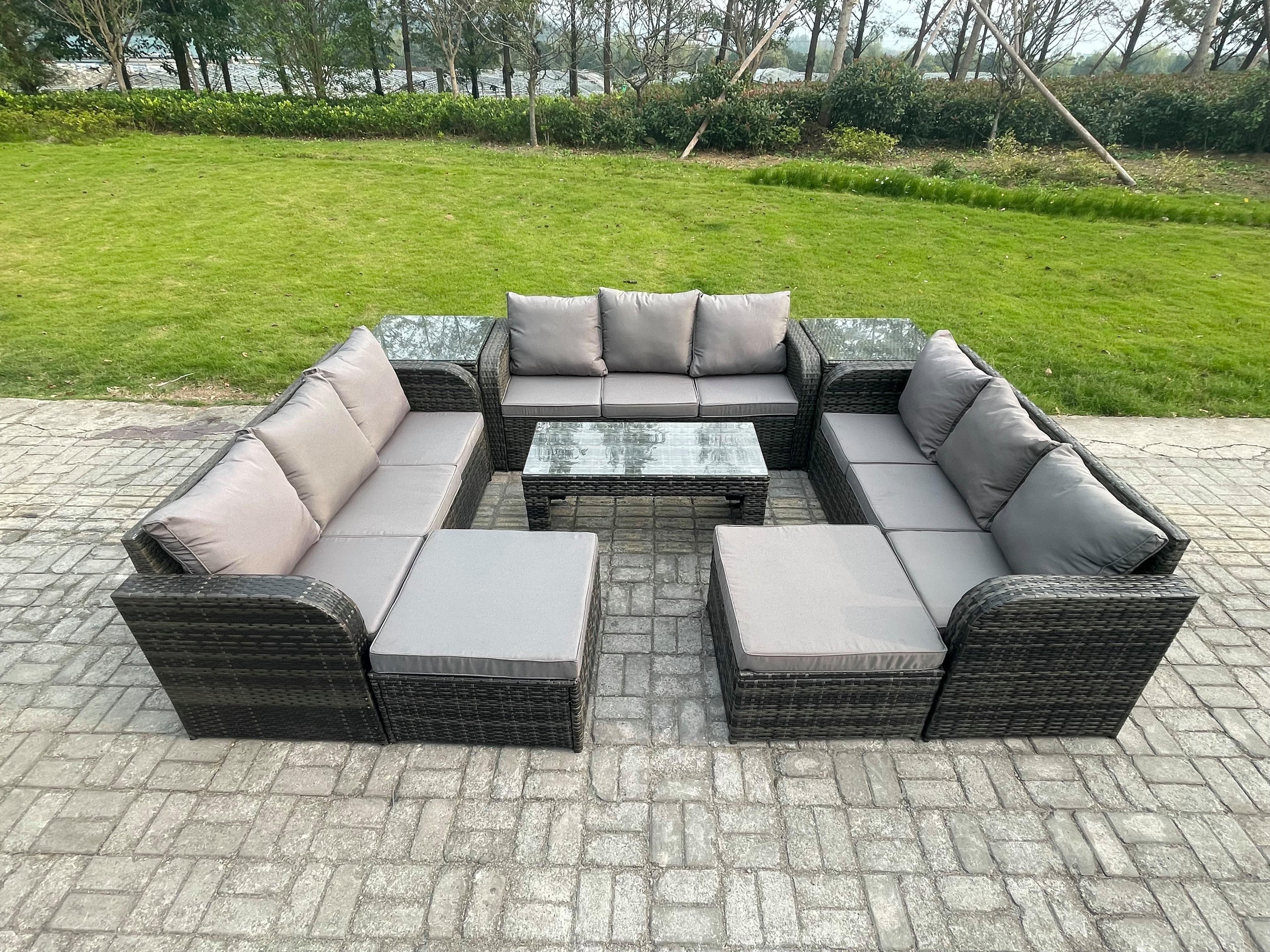 Rattan Garden Furniture Set 11 Seater Indoor Outdoor Patio Sofa Set Coffee Table 2 Big Footstool 2 Side Tables Dark Grey Mixed