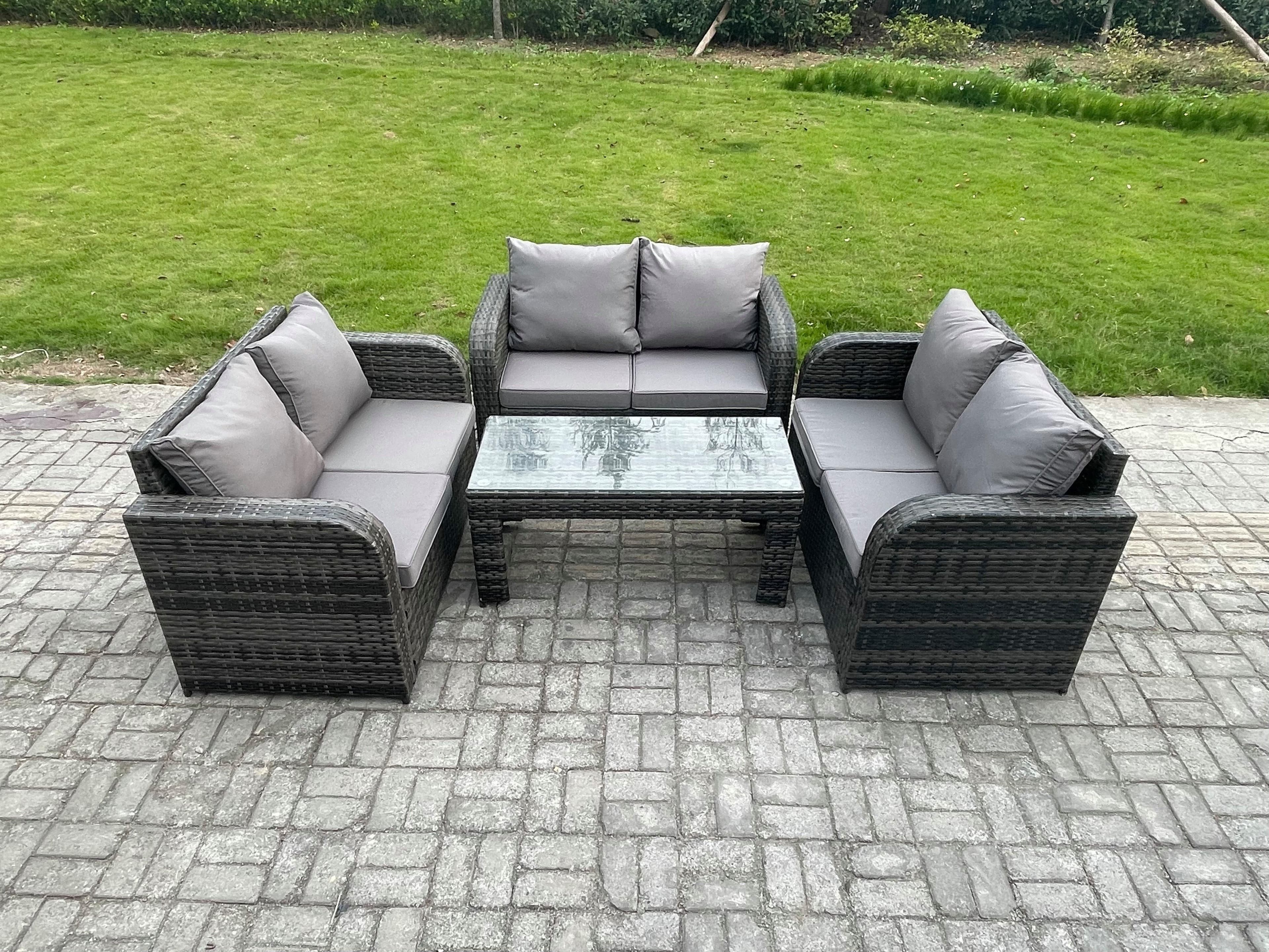 Rattan Garden Furniture Set 6 Seater Indoor Outdoor Patio Sofa Set Coffee Table Loveseat Sofa Dark Grey Mixed