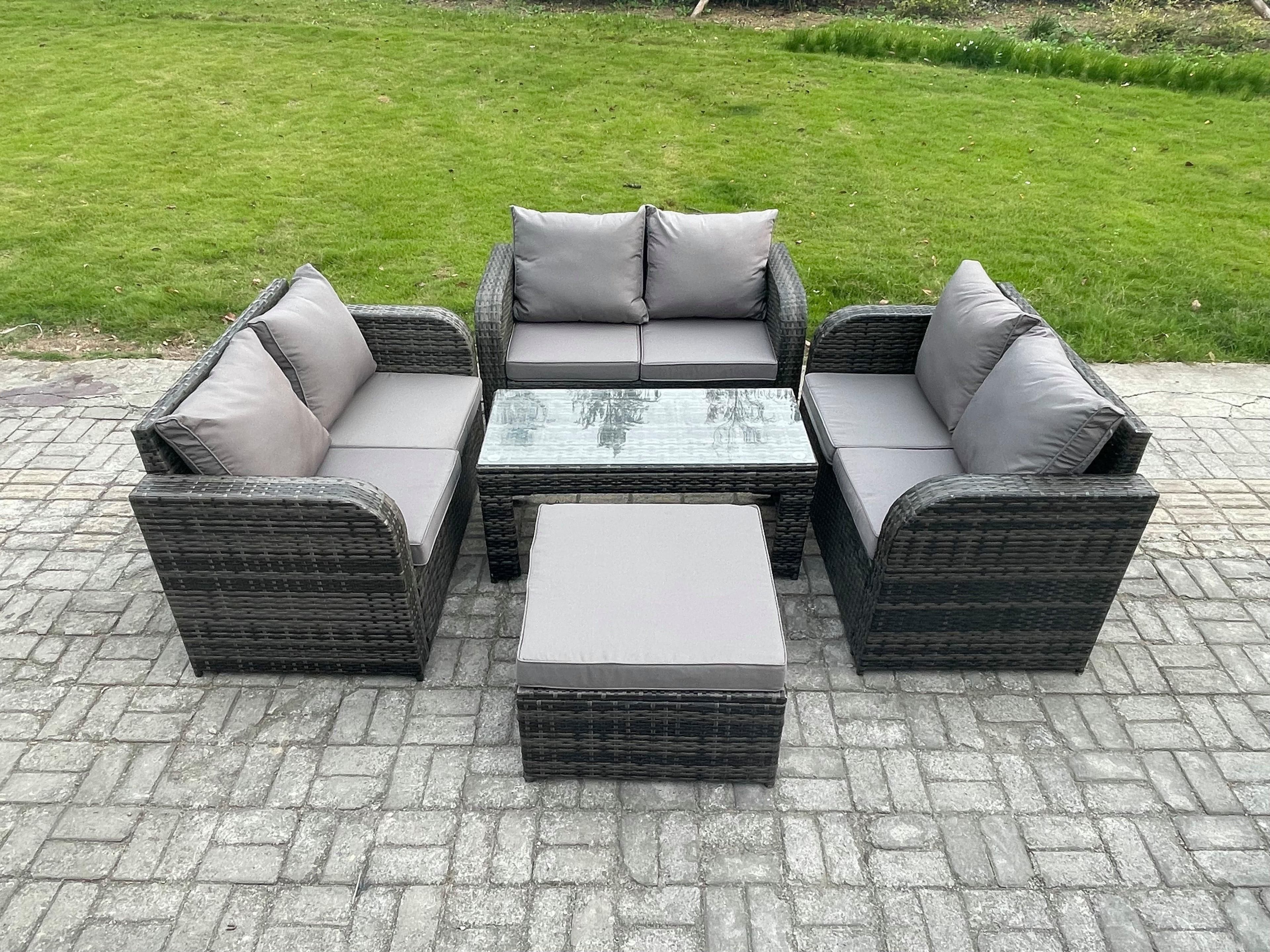 Rattan Garden Furniture Set 7 Seater Indoor Outdoor Patio Sofa Set Coffee Table Loveseat Sofa Big Footstool Dark Grey Mixed