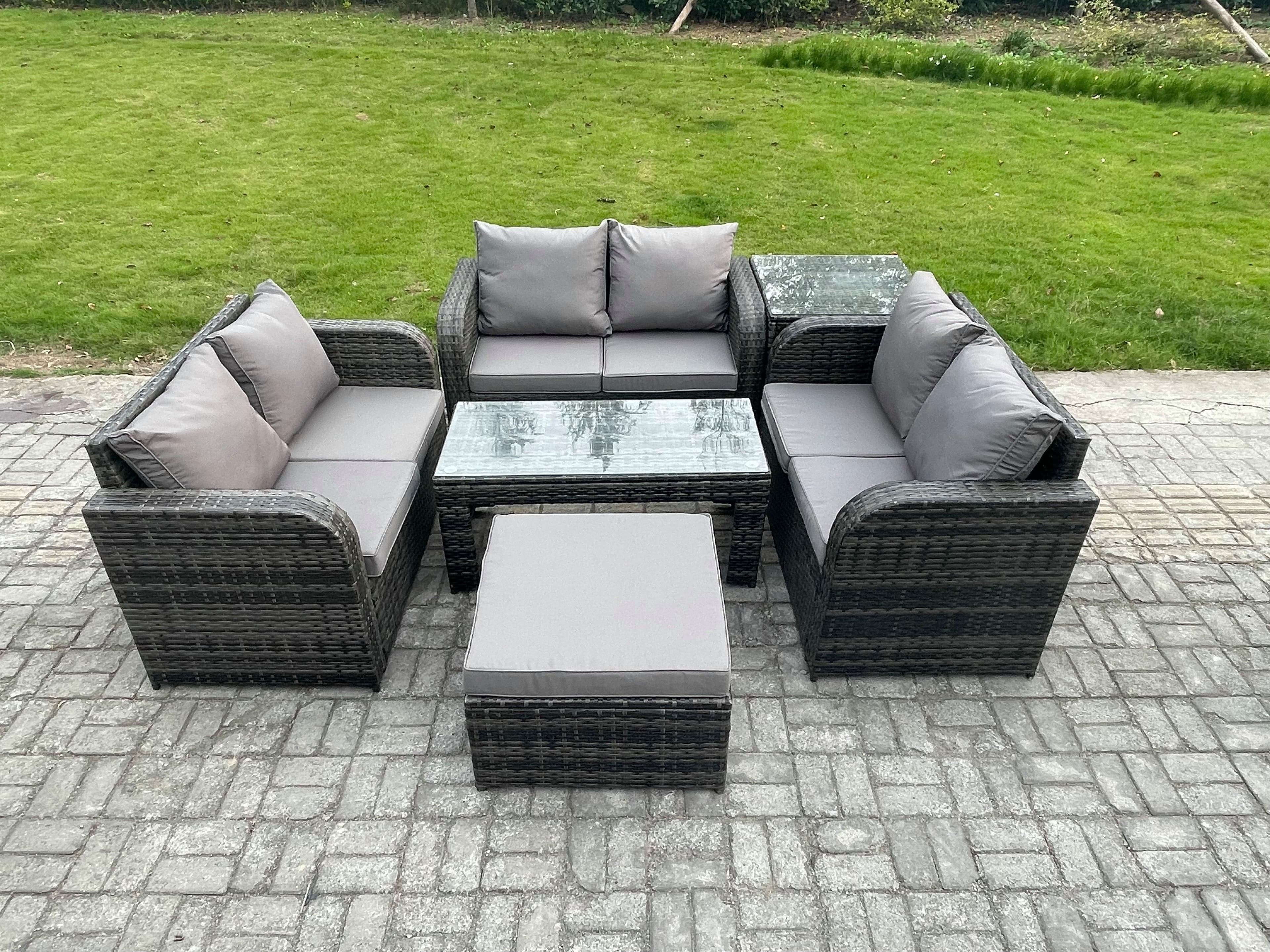 Rattan Garden Furniture Set 7 Seater Indoor Outdoor Patio Sofa Set Coffee Table Loveseat Sofa Big Footstool Side Table Dark Grey Mixed