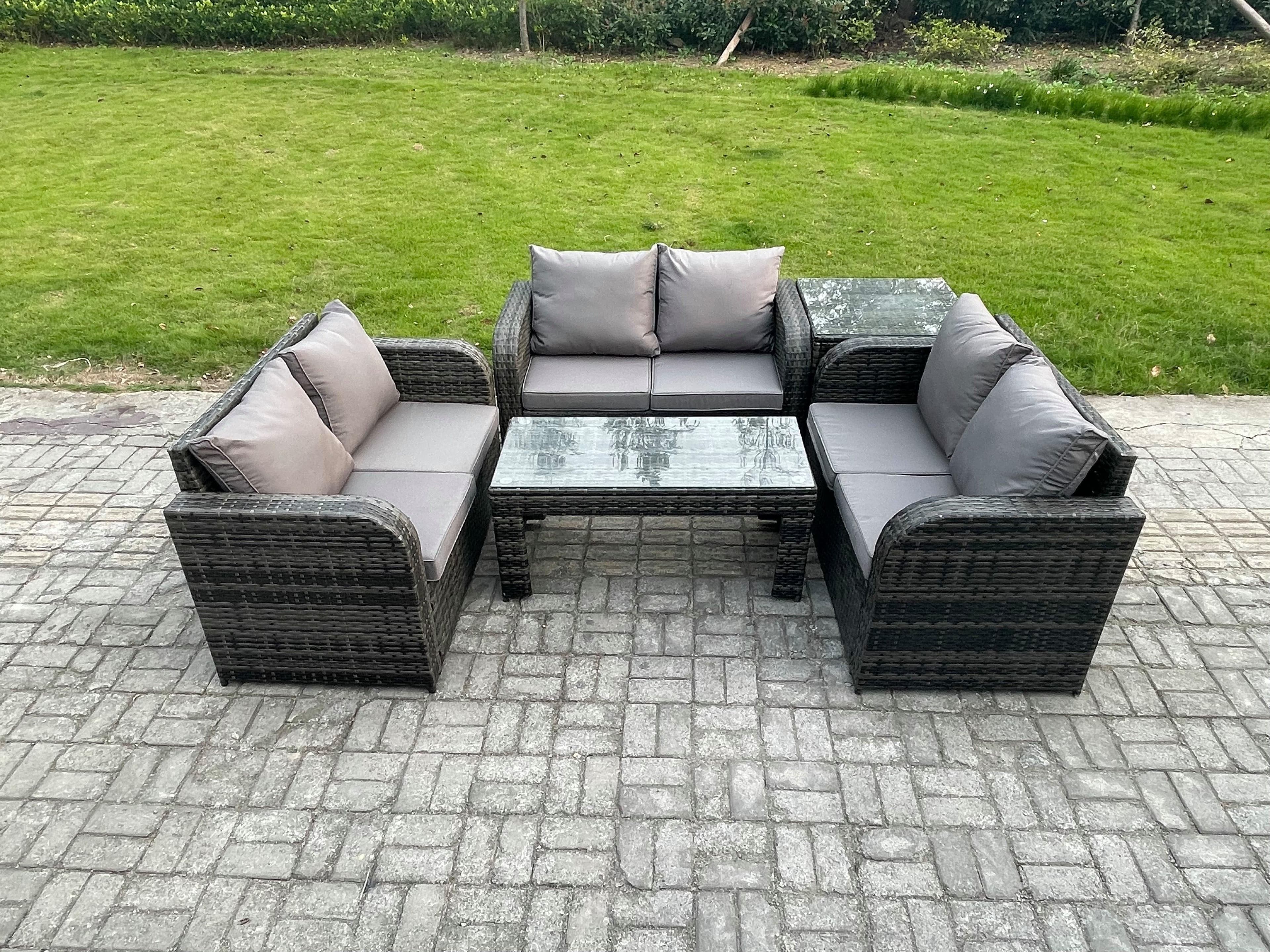 Rattan Garden Furniture Set 6 Seater Indoor Outdoor Patio Sofa Set Coffee Table Loveseat Sofa Side Table Dark Grey Mixed