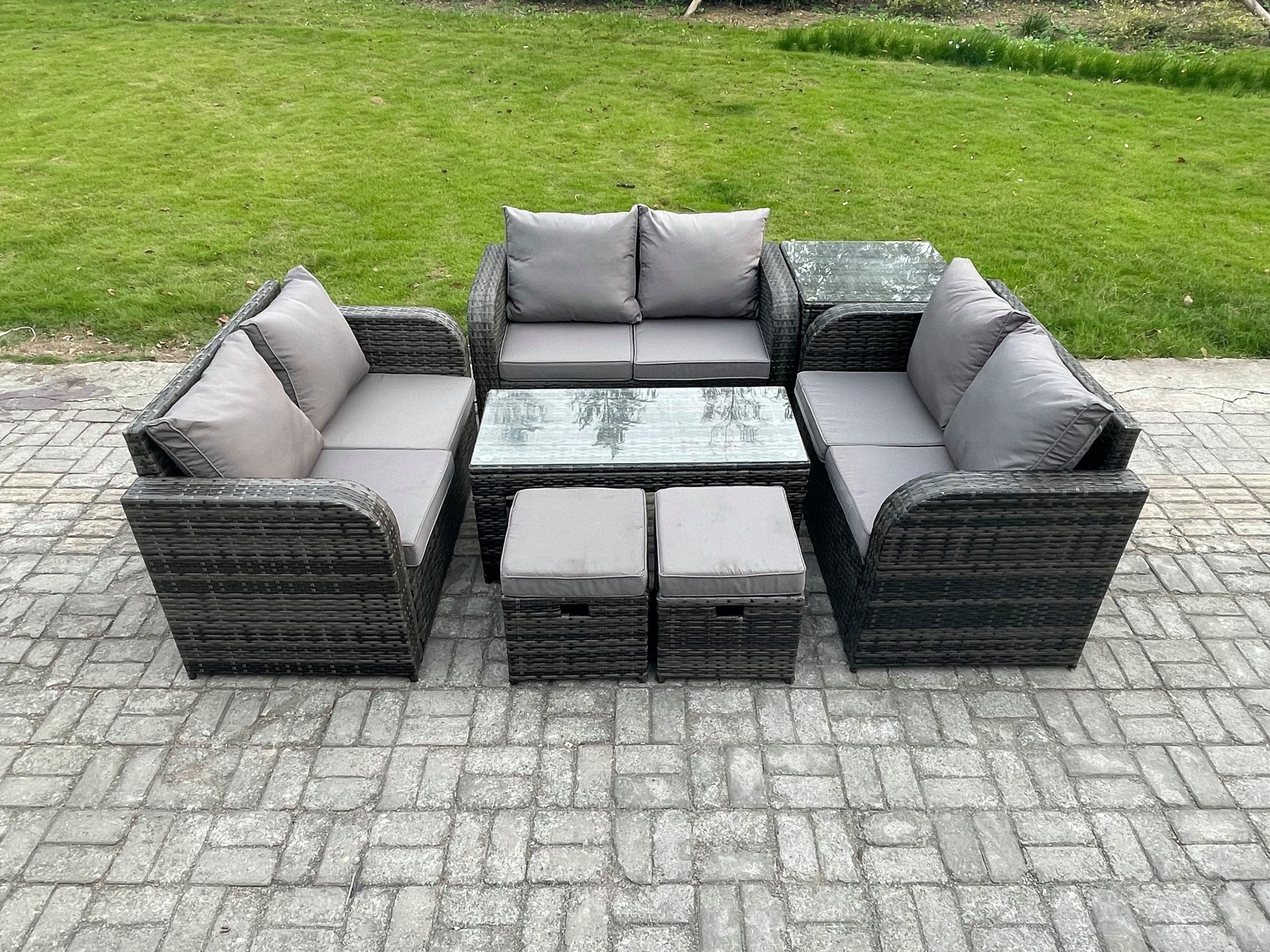 8 Seater Rattan Garden Furniture Set Indoor Outdoor Patio Sofa Set Coffee Table Love seat Sofa Side Table 2 Small Footstools Dark Grey Mixed