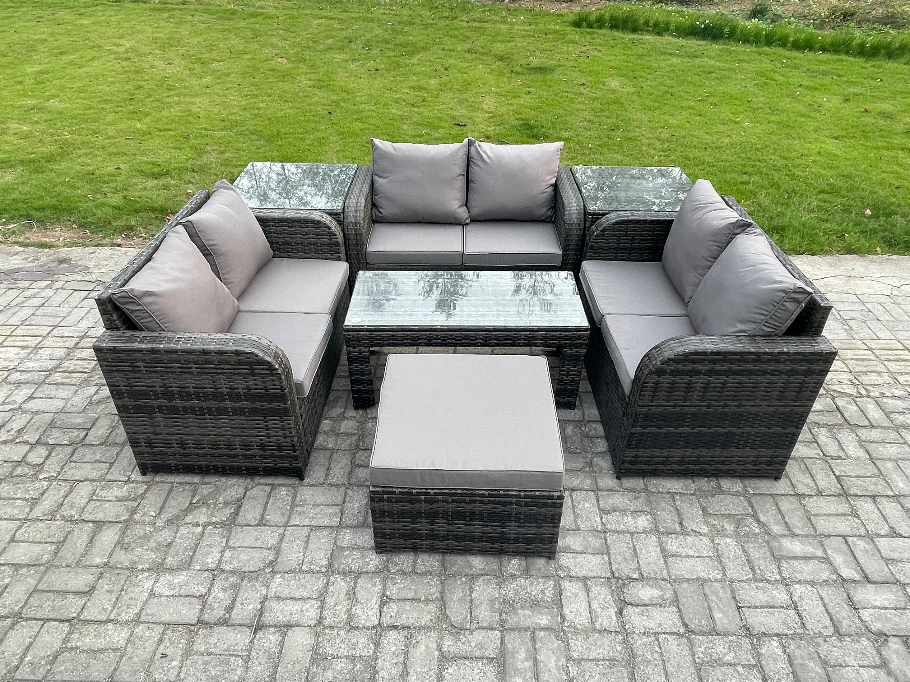 7 Seater Rattan Garden Furniture Set Indoor Outdoor Patio Sofa Set Coffee Table Love seat Sofa 2 Side Tables Big Footstool Dark Grey Mixed