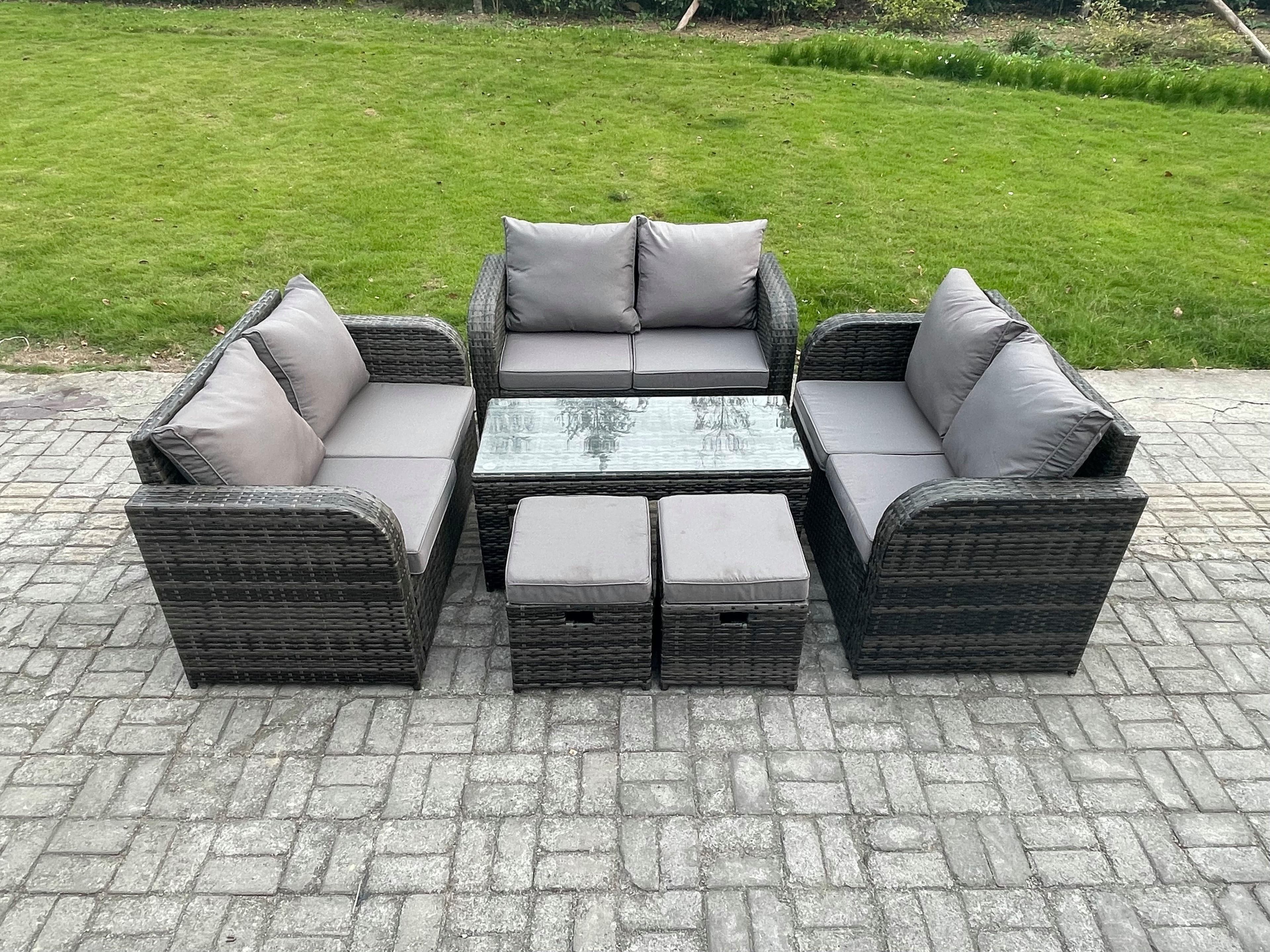 Outdoor Garden Furniture Sets 6 Pieces Wicker Rattan Furniture Sofa Sets Rectangular Coffee Table Love seat Sofa 2 Small Footstools