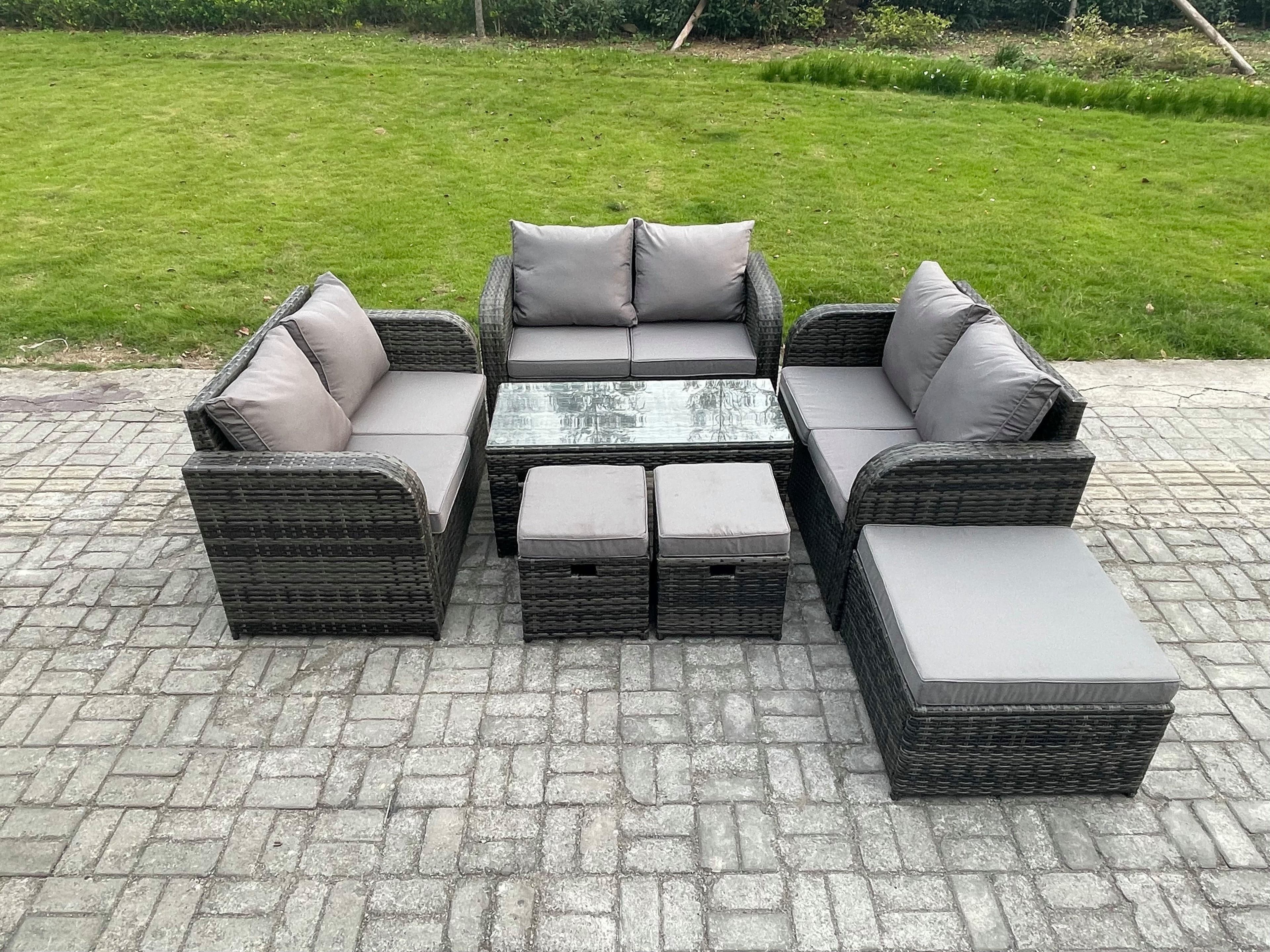 Outdoor Garden Furniture Sets 7 Pieces Wicker Rattan Furniture Sofa Sets Rectangular Coffee Table Love seat Sofa 3 Footstools