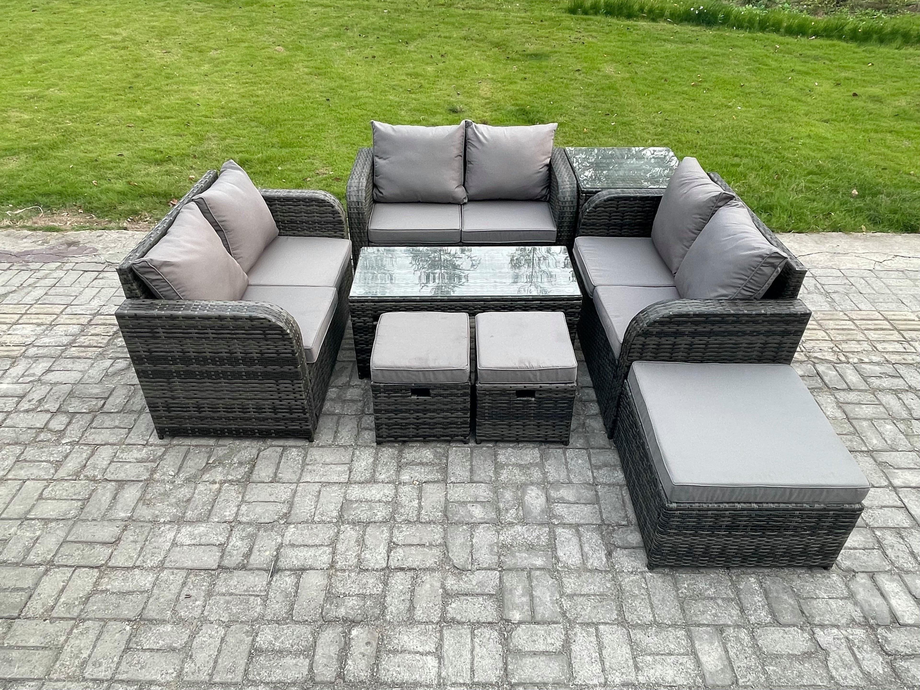 Outdoor Garden Furniture Sets 8 Pieces Wicker Rattan Furniture Sofa Sets Coffee Table Love seat Sofa 3 Footstools Side Table
