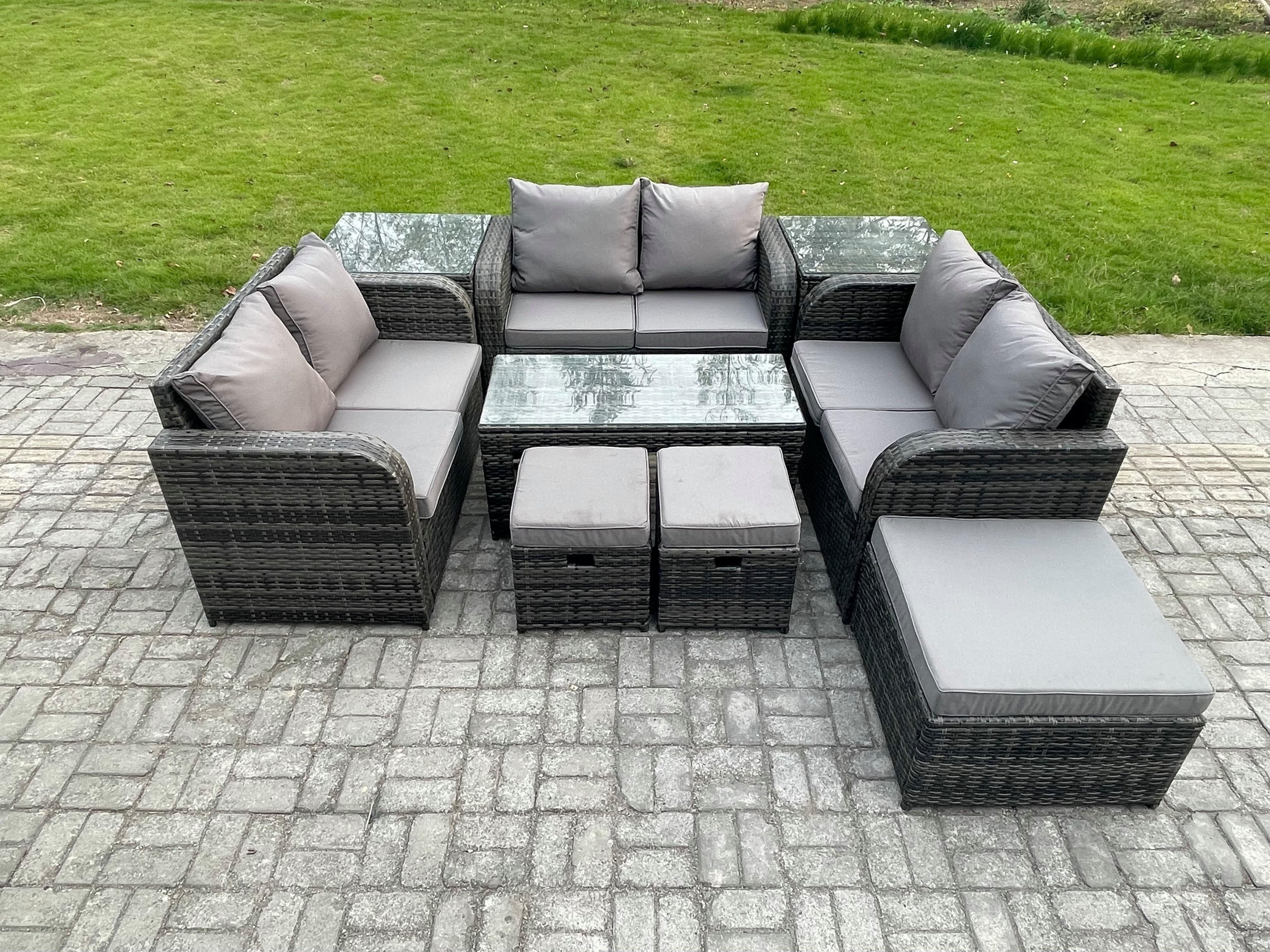 Outdoor Garden Furniture Sets 9 Pieces Wicker Rattan Furniture Sofa Sets Coffee Table Love seat Sofa 3 Footstools 2 Side Tables