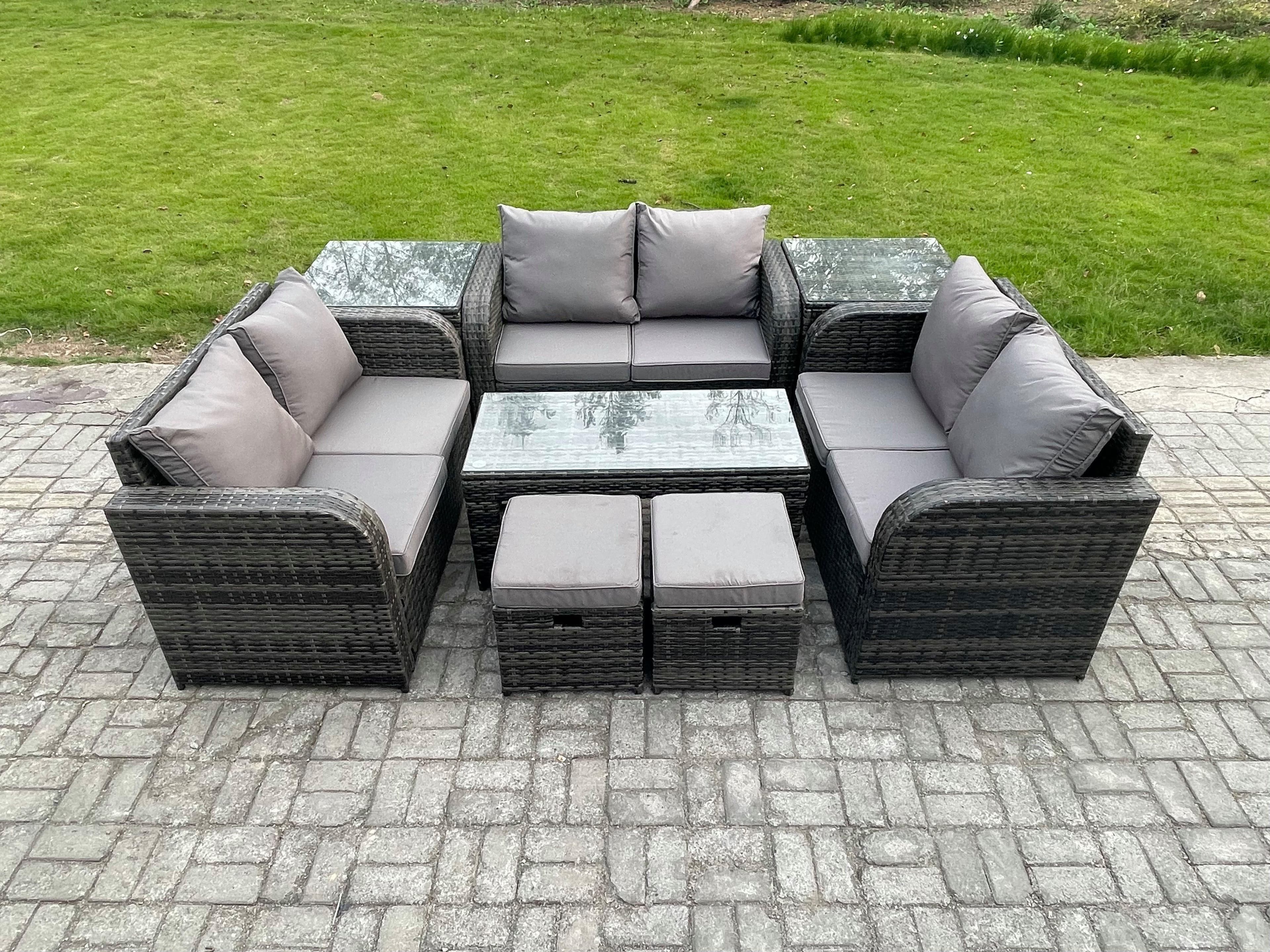 Outdoor Garden Furniture Sets 8 Pieces Wicker Rattan Furniture Sofa Sets Rectangular Coffee Table Love seat Sofa 2 Small Footstools
