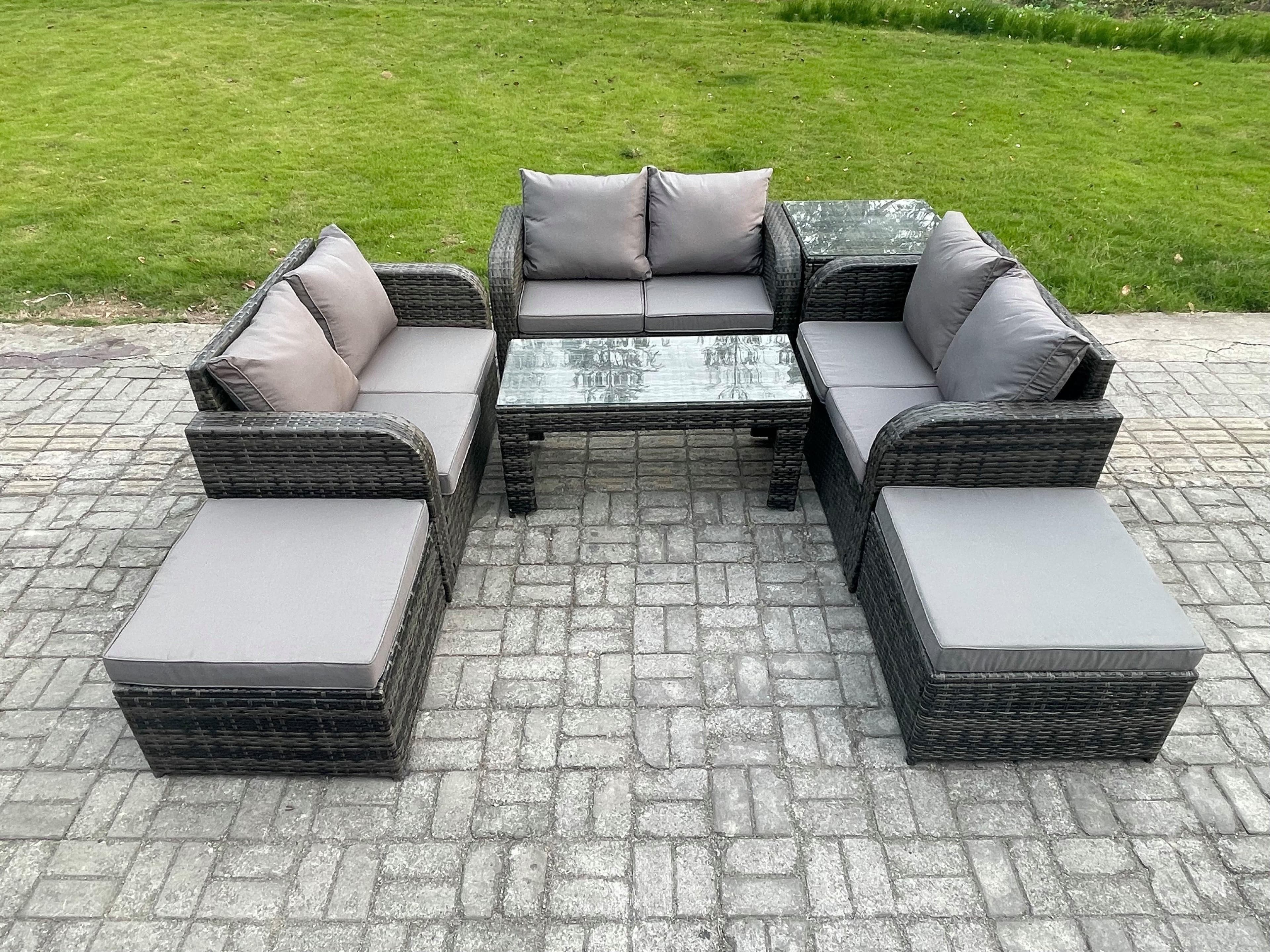 Outdoor Garden Furniture Sets 7 Pieces Wicker Rattan Furniture Sofa Sets Coffee Table Love seat Sofa 2 Big Footstool Side Table