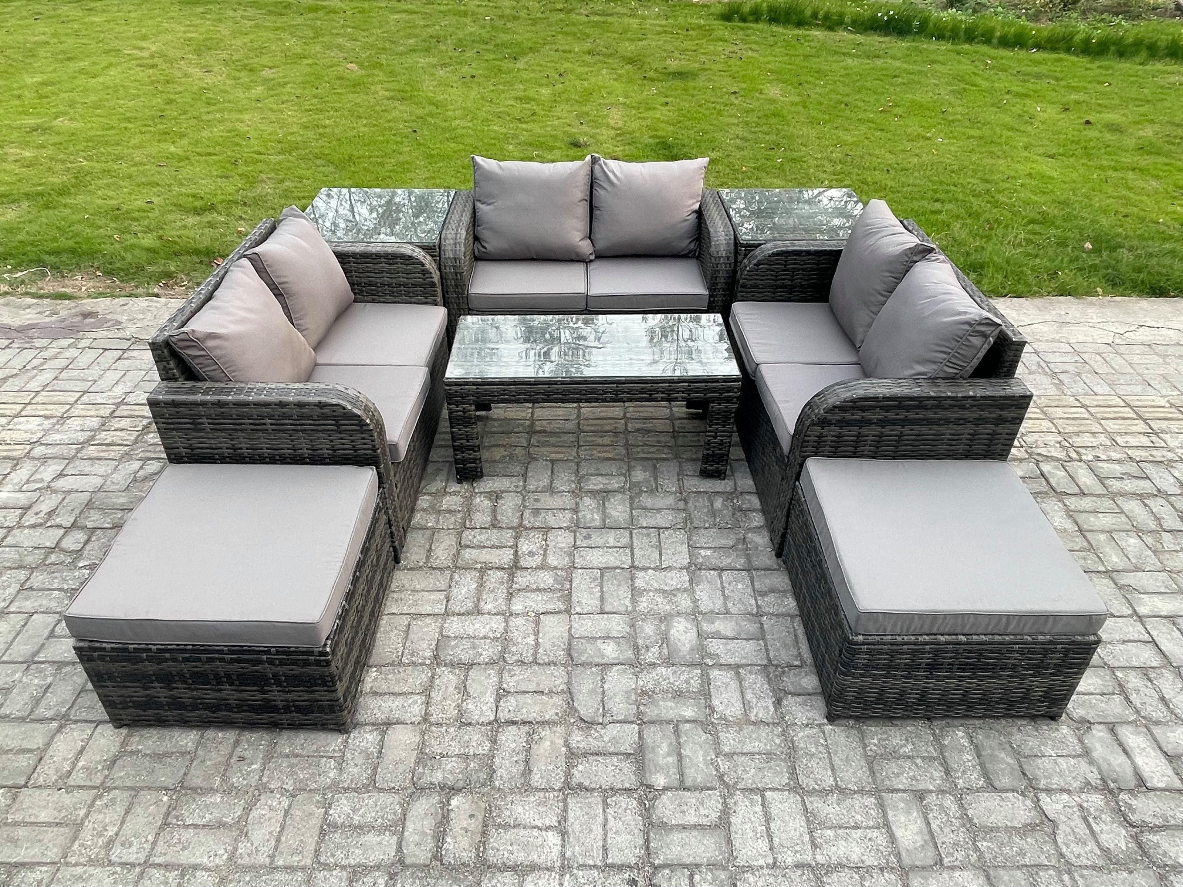 Outdoor Garden Furniture Sets 8 Seater Wicker Rattan Furniture Sofa Sets Rectangular Coffee Table Love seat Sofa 2 Big Footstool