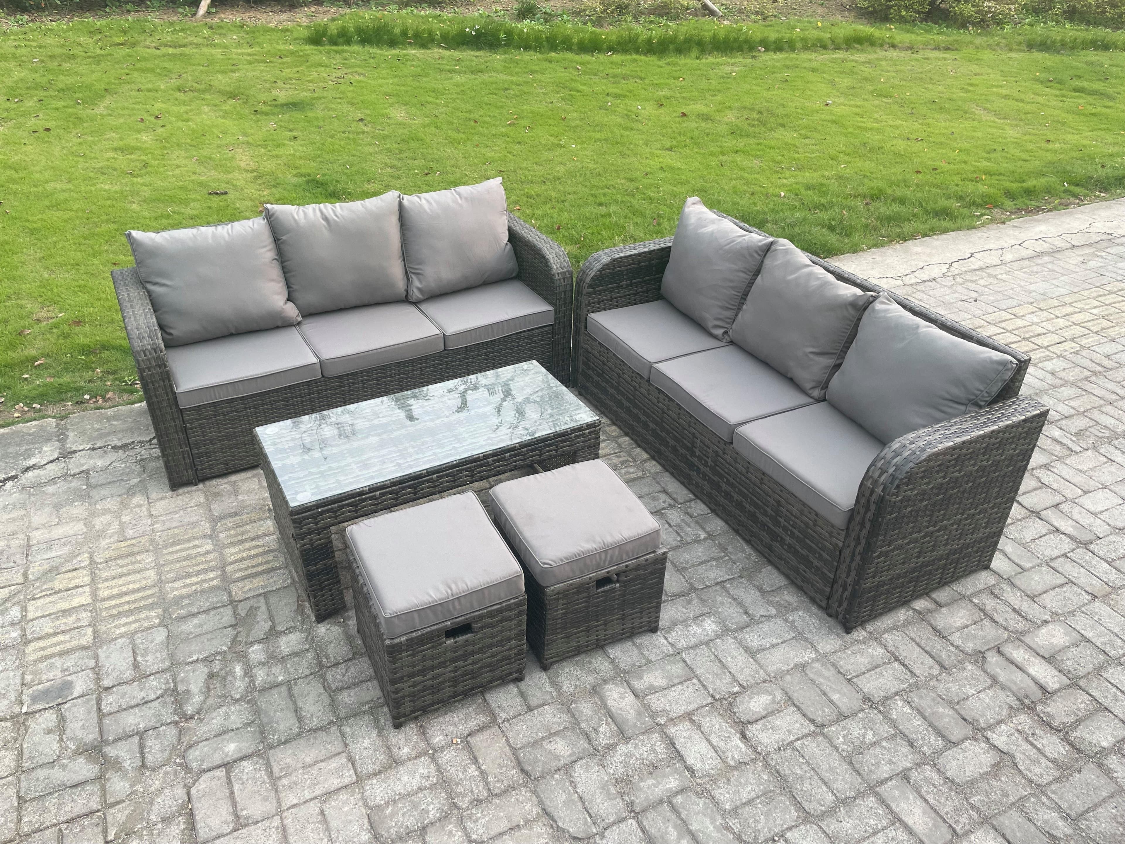 8 Seater Patio Garden Furniture Sets Wicker Outdoor Rattan Furniture Sofa Sets Rectangular Coffee Table 2 Small Footstools