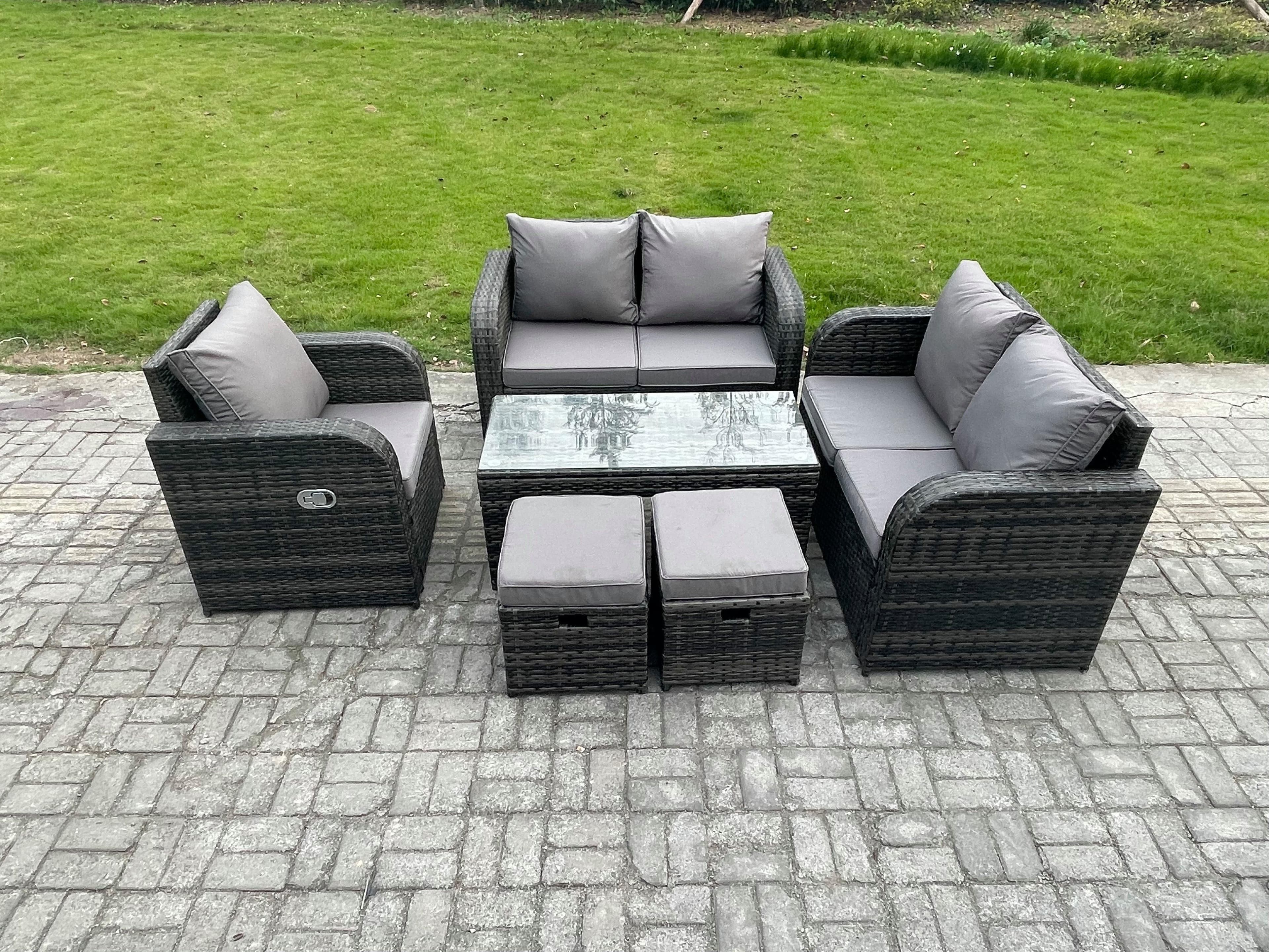 Patio Garden Furniture Sets Wicker Outdoor Rattan Furniture Sofa Sets Rectangular Coffee Table Love seat Sofa 2 Small Footstools