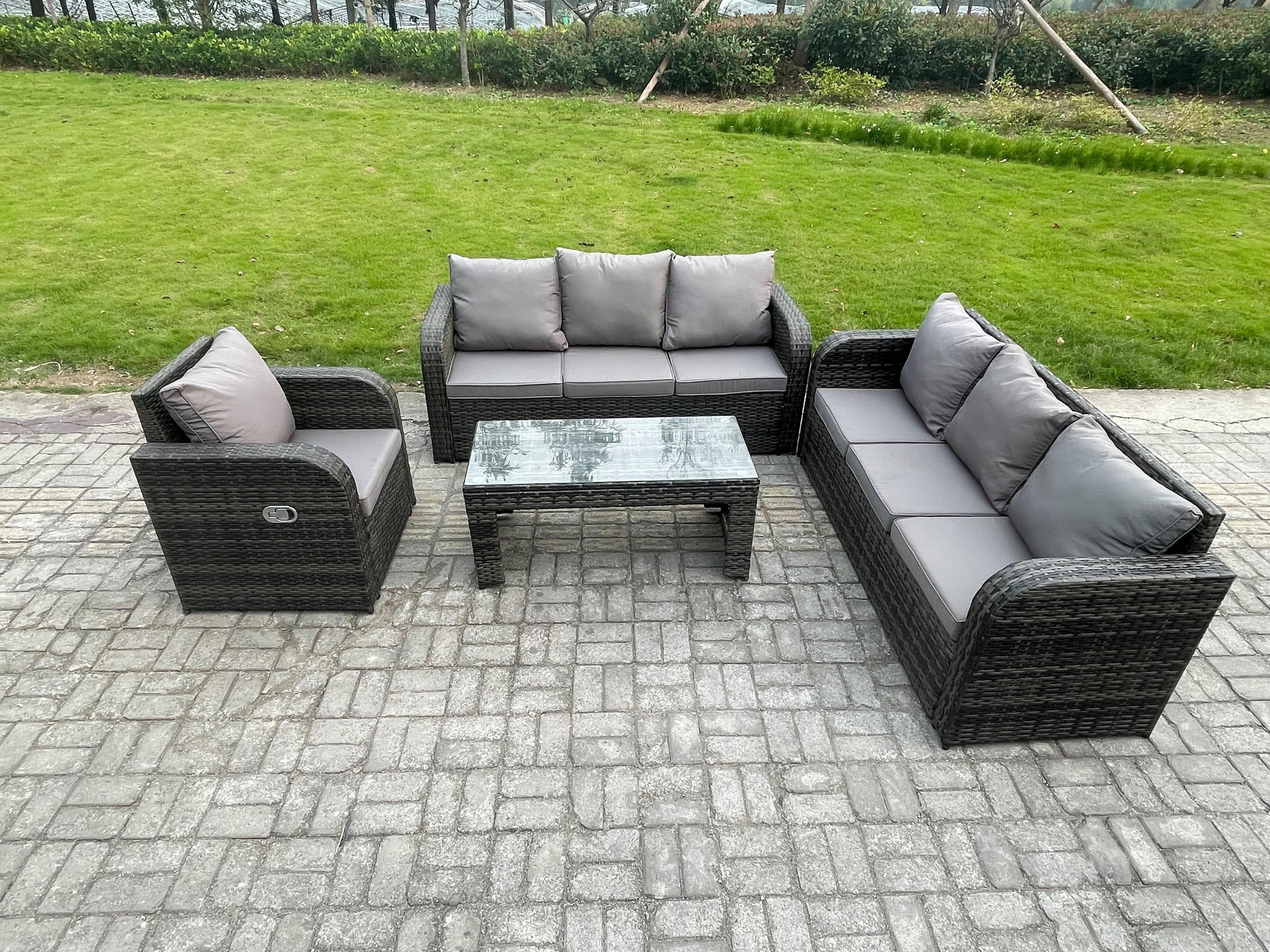 Patio Garden Furniture Sets 7 Seater Wicker Outdoor Rattan Furniture Sofa Sets Rectangular Coffee Table Reclining Chair