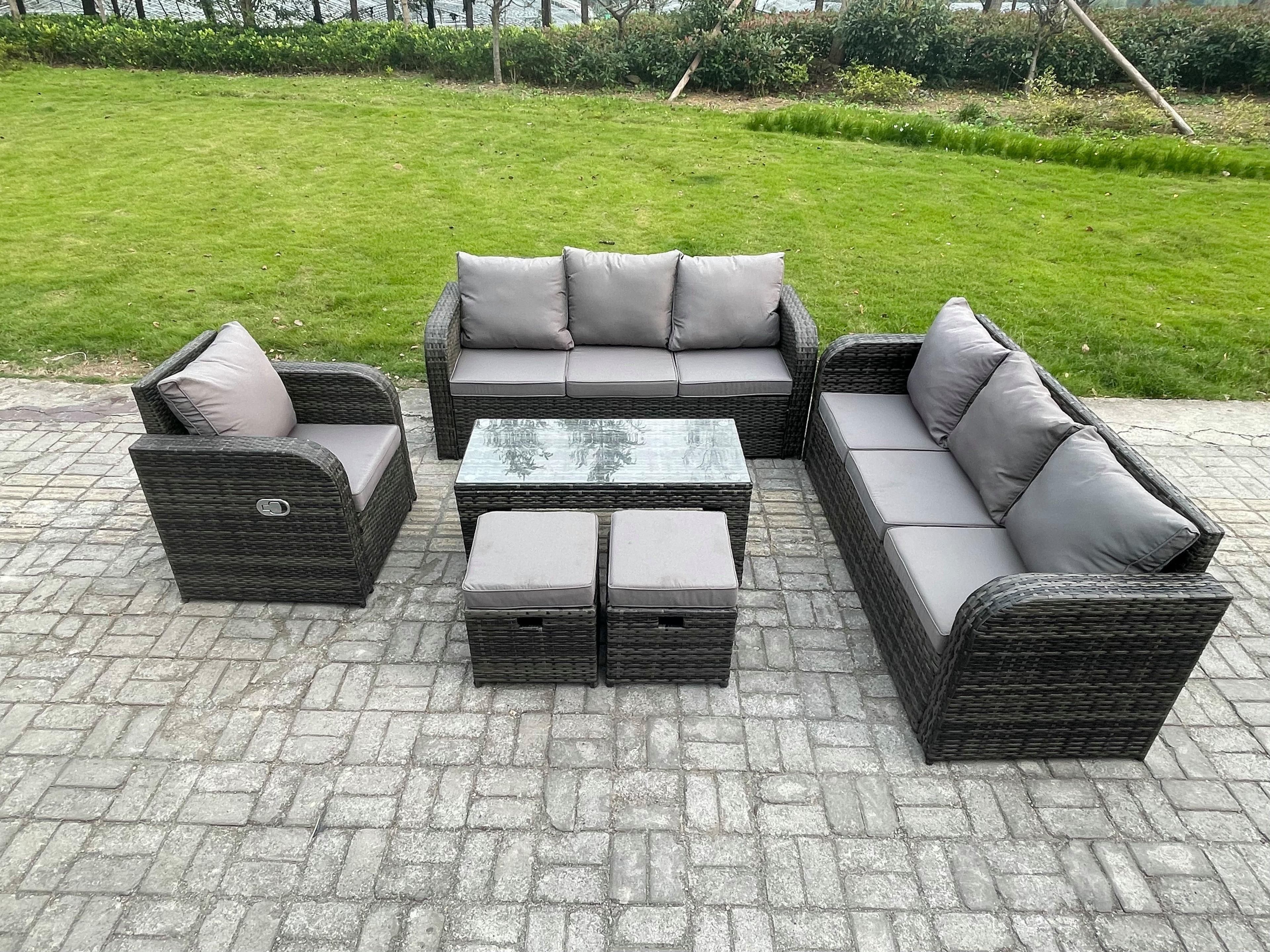 Patio Garden Furniture Sets Wicker 9 Seater Outdoor Rattan Furniture Sofa Sets Rectangular Coffee Table Reclining Chair 2 Small Footstools