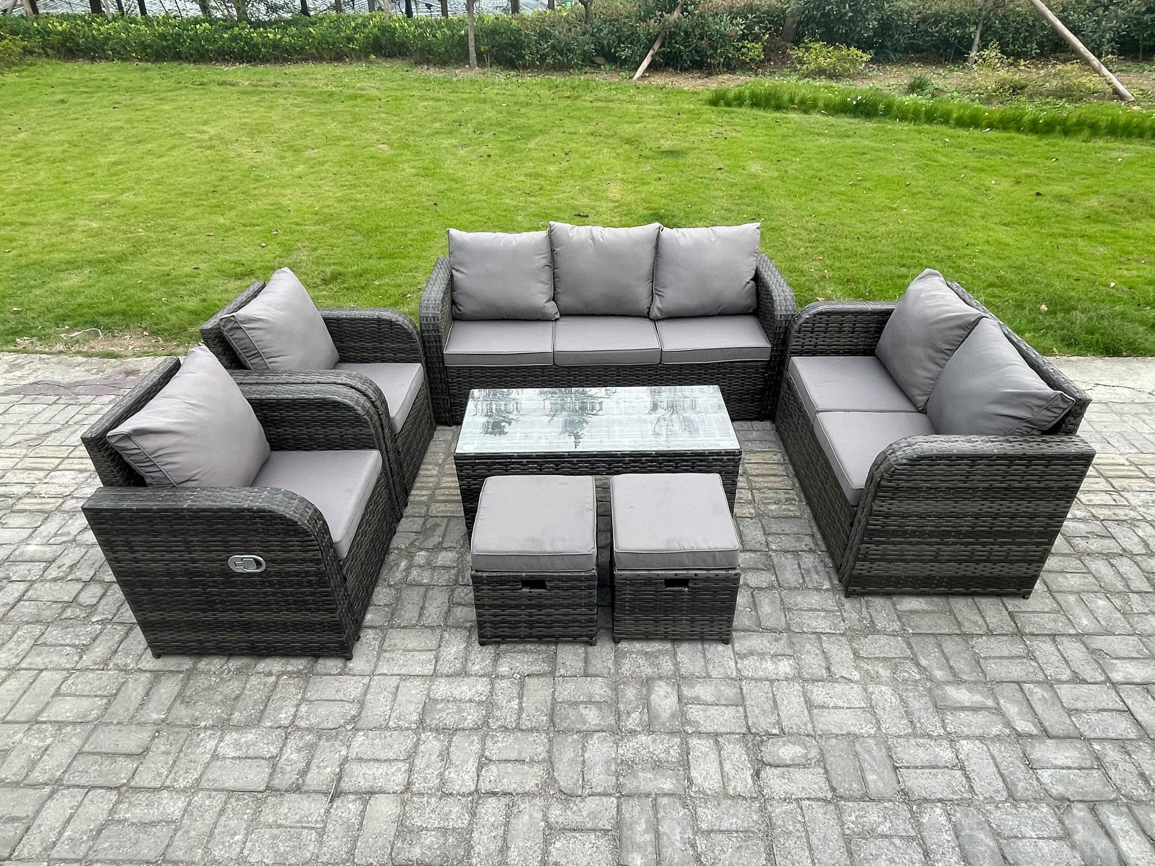 Patio Garden Furniture Sets Wicker 9 Seater Outdoor Rattan Furniture Sofa Sets Rectangular Coffee Table Reclining Chair Love seat Sofa