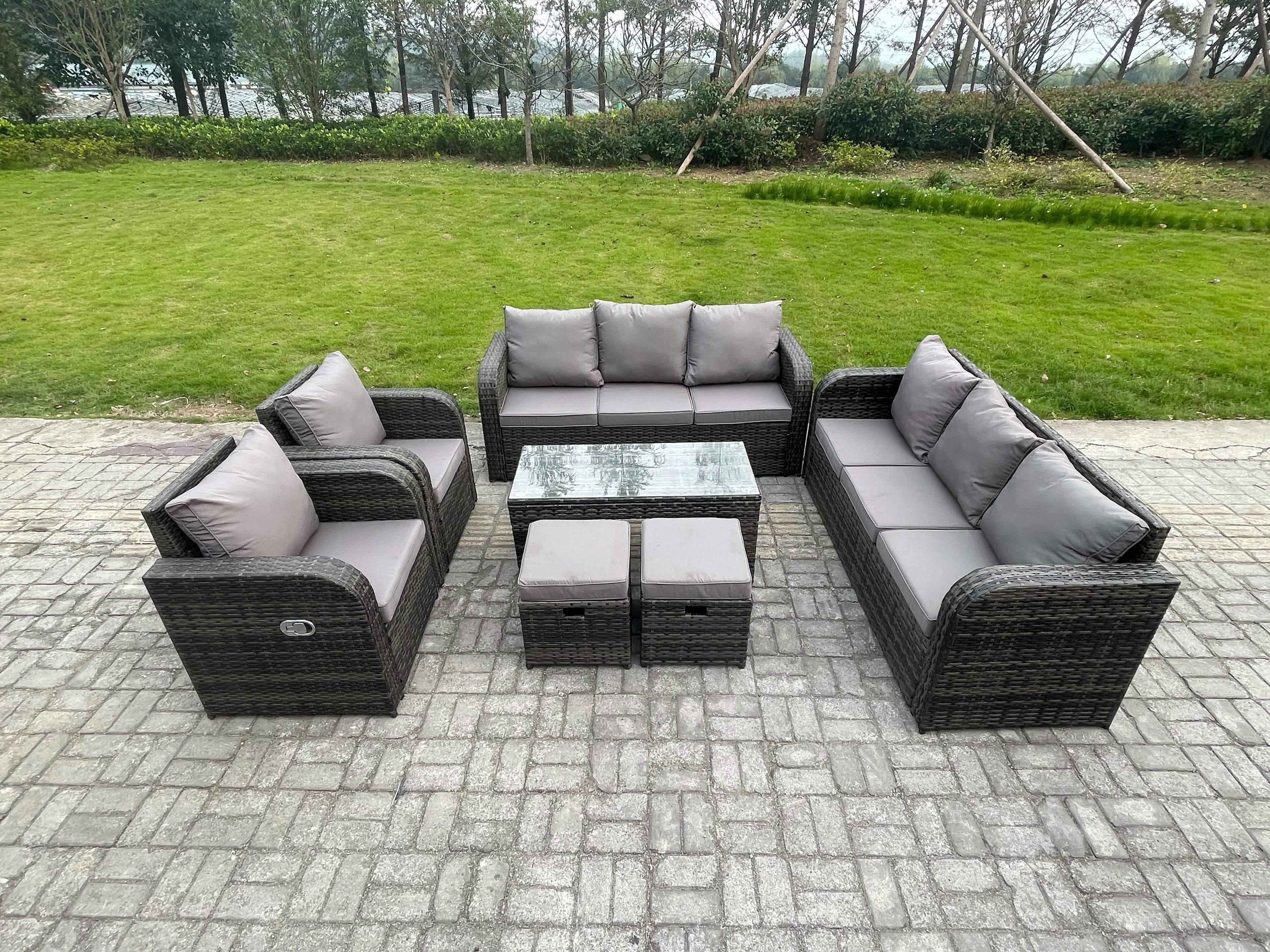 Patio Garden Furniture Sets Wicker 10 Seater Outdoor Rattan Furniture Sofa Sets Rectangular Coffee Table Reclining Chair Footstools