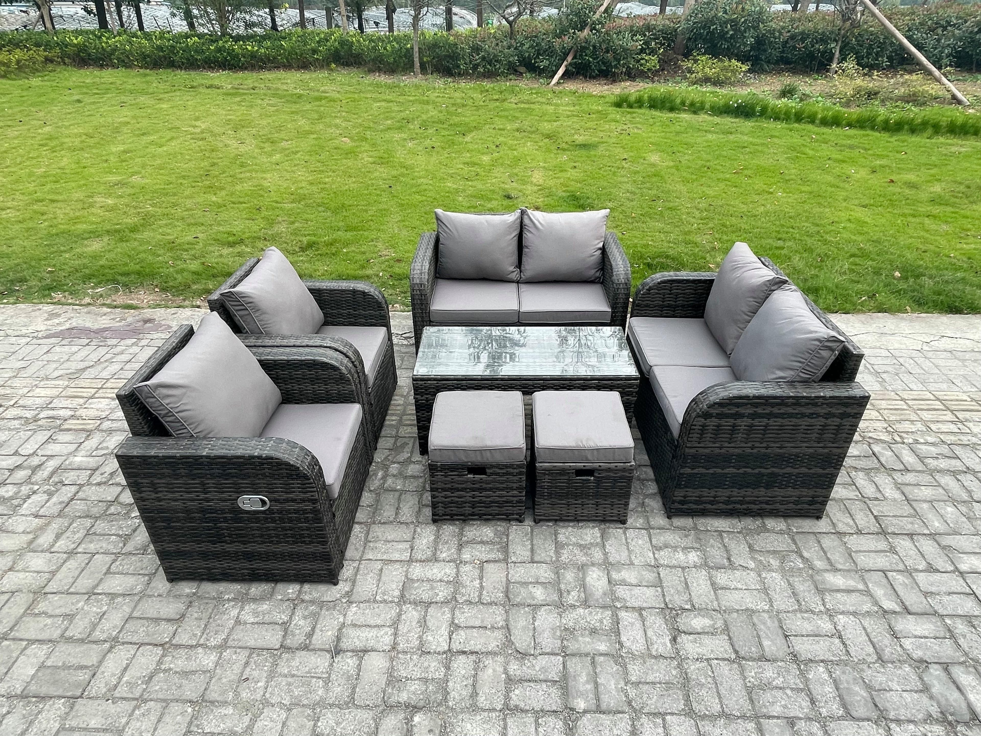 Patio Garden Furniture Sets Wicker 8 Seater Outdoor Rattan Furniture Sofa Sets Coffee Table Reclining Chair 2 Small Footstools