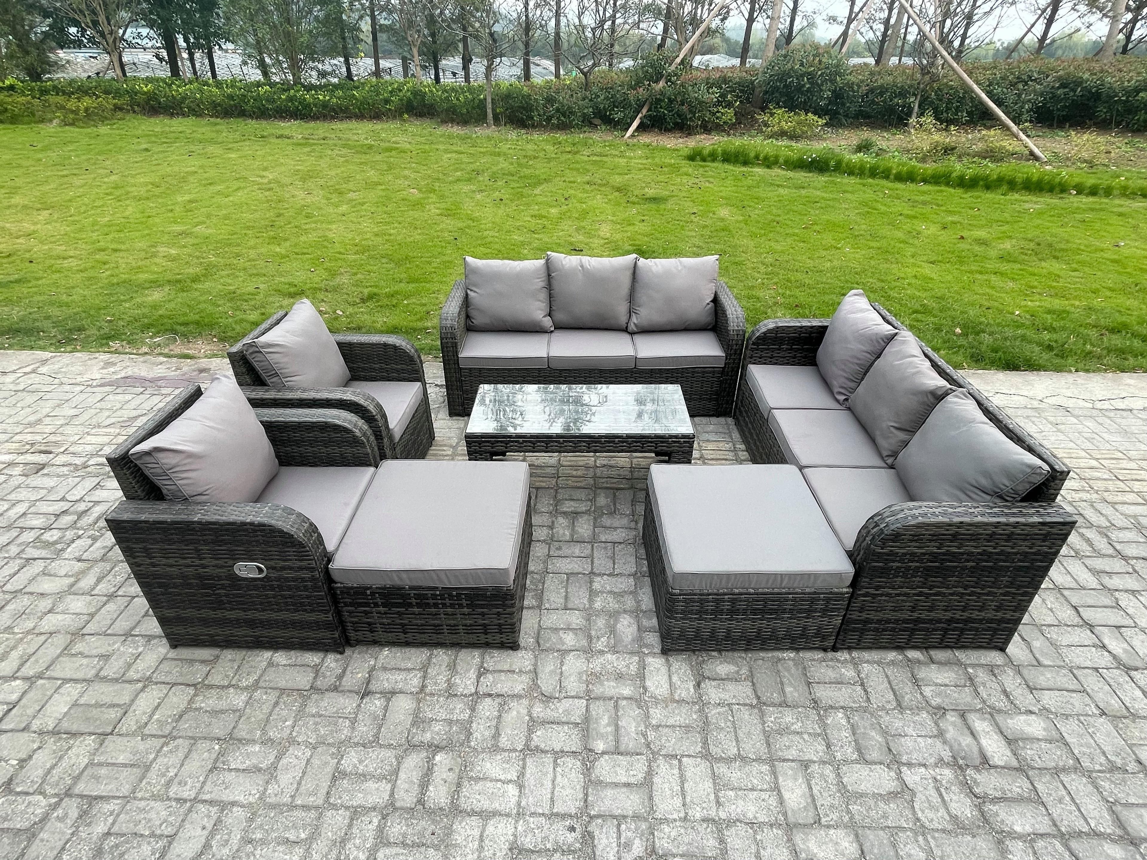 Rattan Wicker Garden Furniture Patio Conservatory Sofa Set Rectangular Coffee Table Reclining Chair 2 Big Footstool