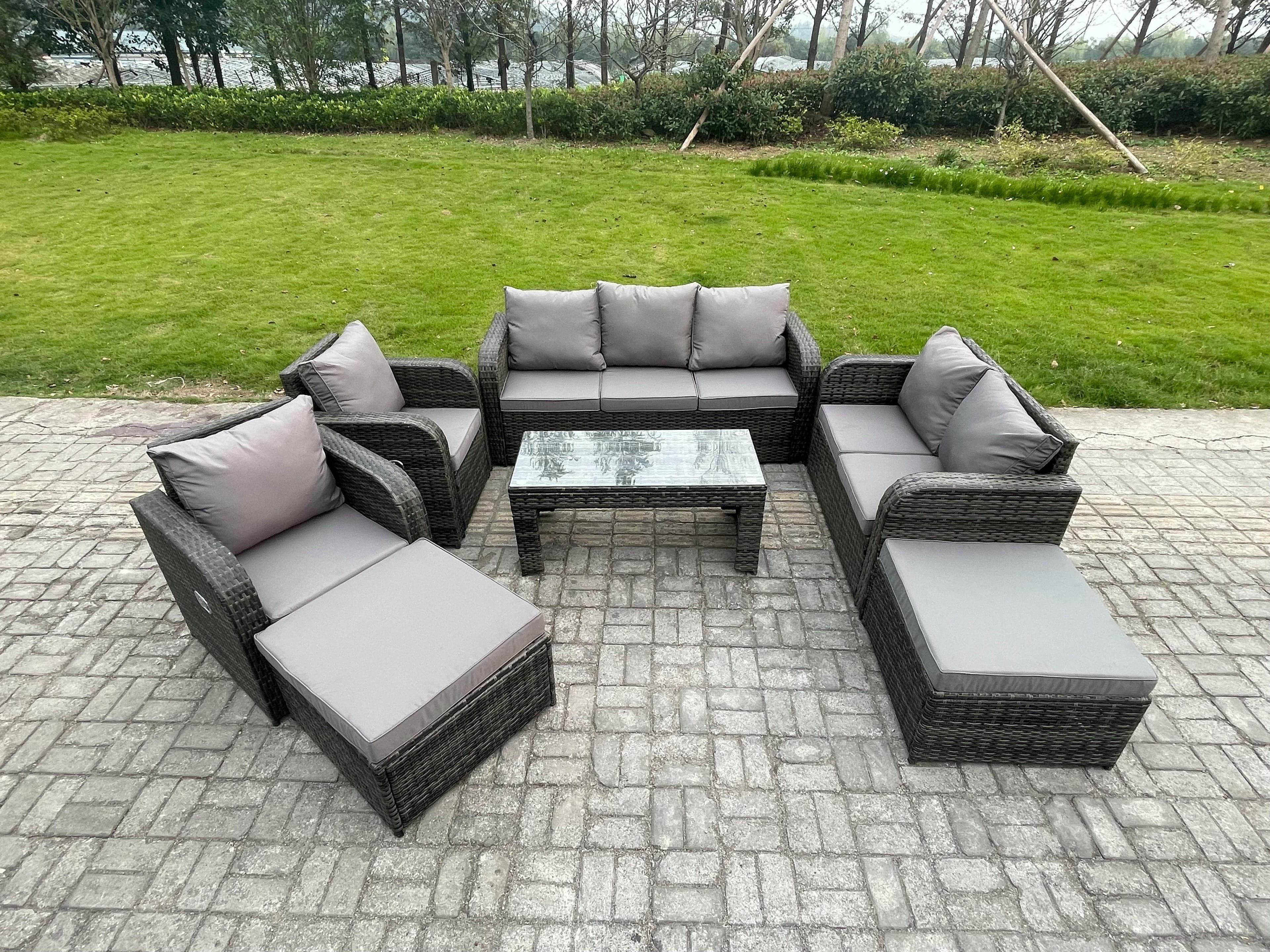 Rattan Wicker Garden Furniture Patio Conservatory Sofa Set Rectangular Coffee Table Reclining Chair 2 Big Footstool 3 Seater Sofa
