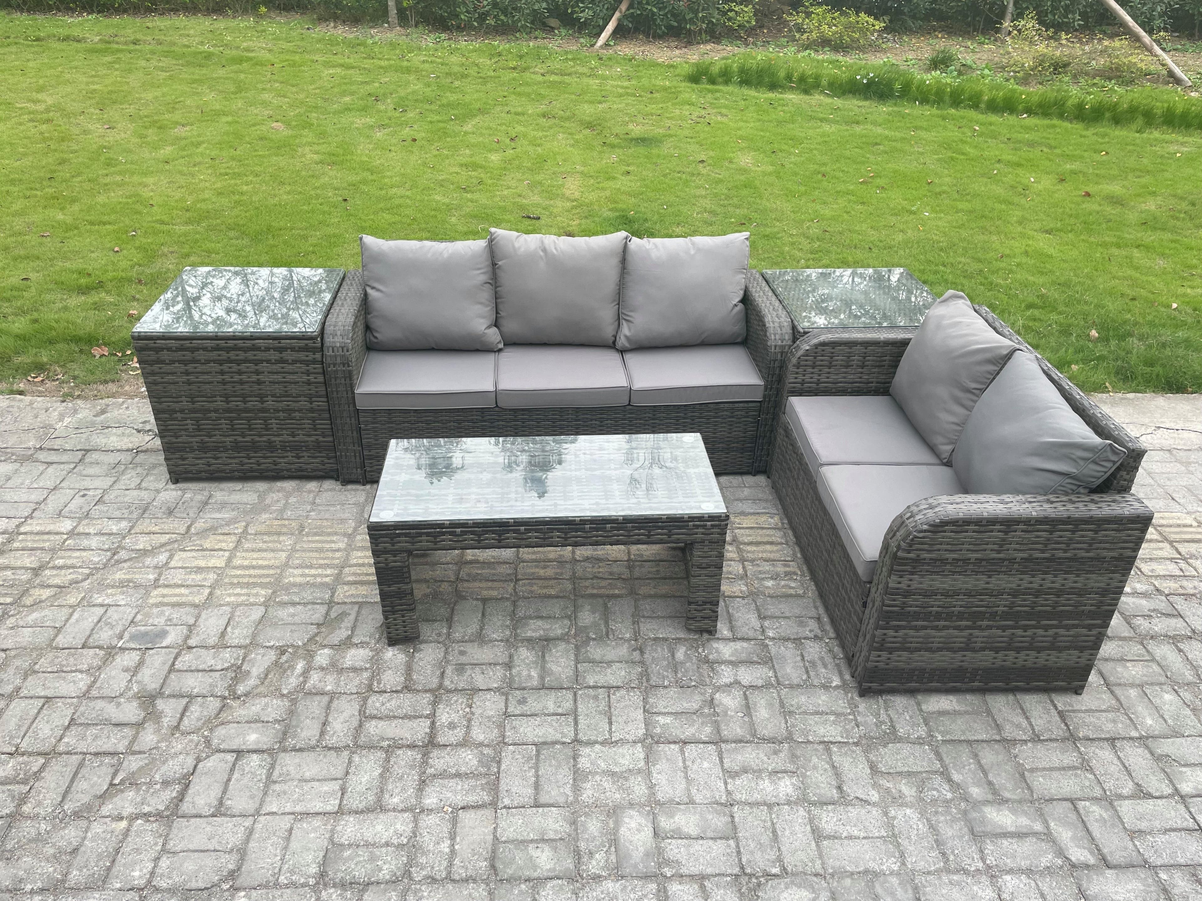 Rattan Wicker Garden Furniture Patio Conservatory Sofa Set Rectangular Coffee Table Reclining Chair 2 Side Tables